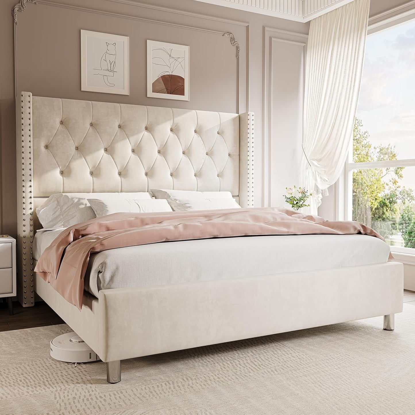 Jocisland Queen Bed Frame Upholstered Bed Wingback Headboard Velvet Tufted Diamond Button/No Box Spring Needed/Easy Assembly/Cream