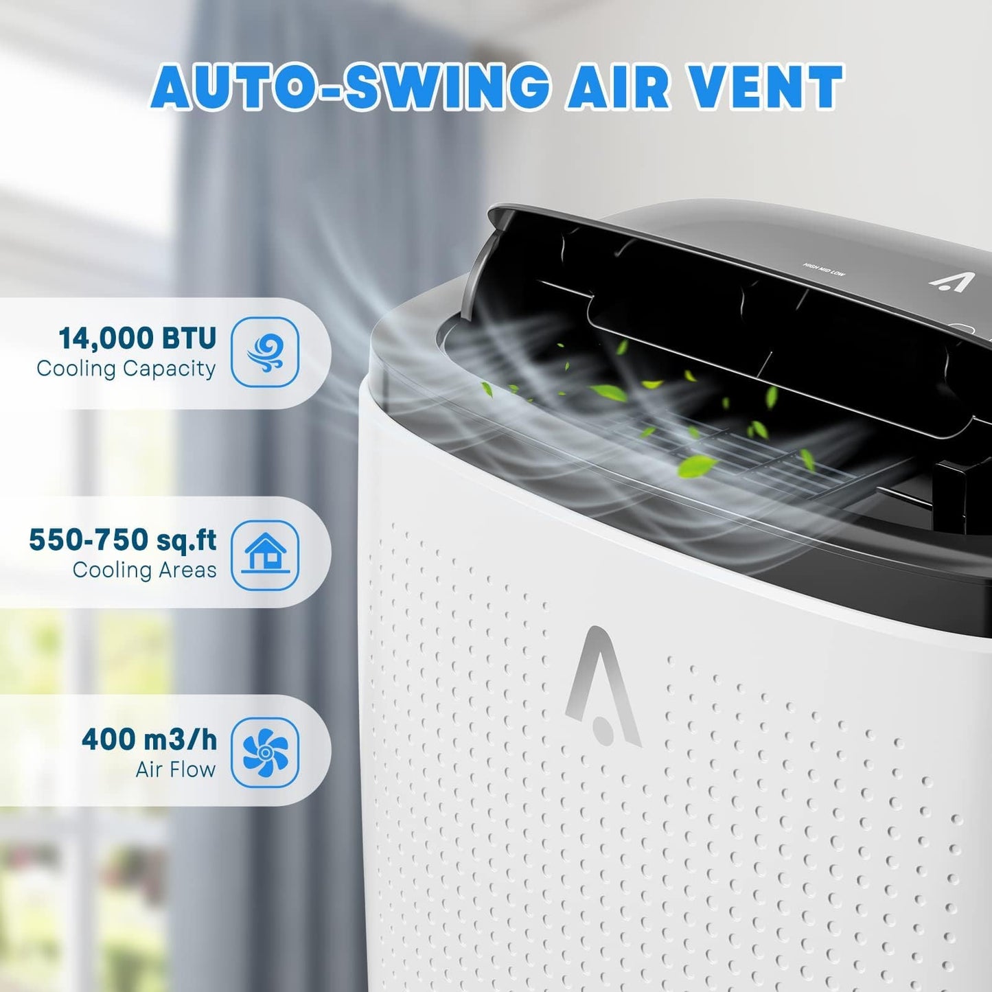 14,000 BTU Portable Air Conditioner (Portable AC Unit), 4-in-1 Cooling Heating Dehumidifier & Fan, with Remote Control, 24H Timer, 3 Fan Speeds, Auto Swing & Window Kit for Spaces Up to 750 Sq. Ft