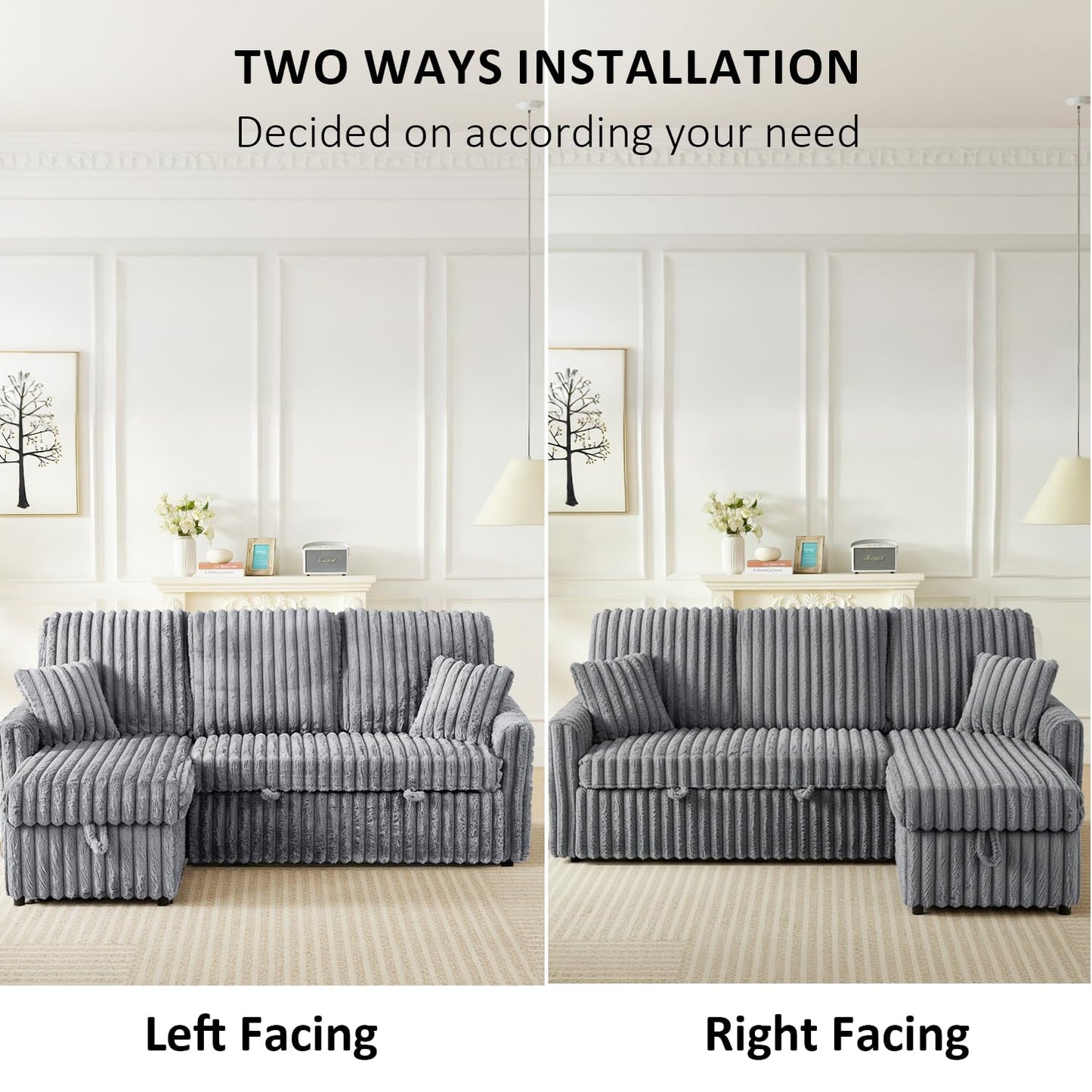 KCGKCG Sleeper Sofa Bed, 81” Pull Out Couch Bed with Reversible Storage Chaise, 3 in 1 L-Shaped Couch with Charging Station, Cup Holder, Side Pocket, Plush Corduroy Couches for Living Room(Light Grey)