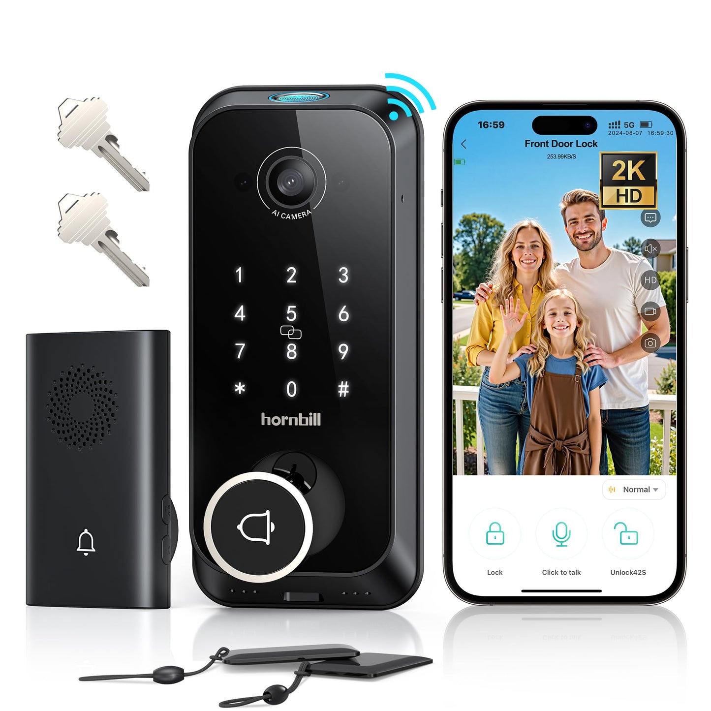 Video Smart Lock with Camera: 4-in-1 Ring+2K Camera+Doorbell+Fingerprint Hornbill Keyless Entry Door Lock, Built-in WiFi Deadbolt(only 2.4G), Two-Way Audio/App Remote Control/PIR, No Monthly Fee
