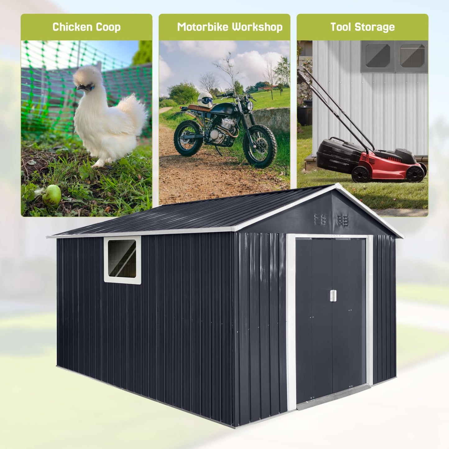 LINKHOO 9 x 10.6 Ft Outdoor Storage Shed, Heavy-Duty Metal Shed with Windows & Secure Lockable Doors, Ideal Storage Shed for Outdoor, Patio, Garden, and Backyard, Black