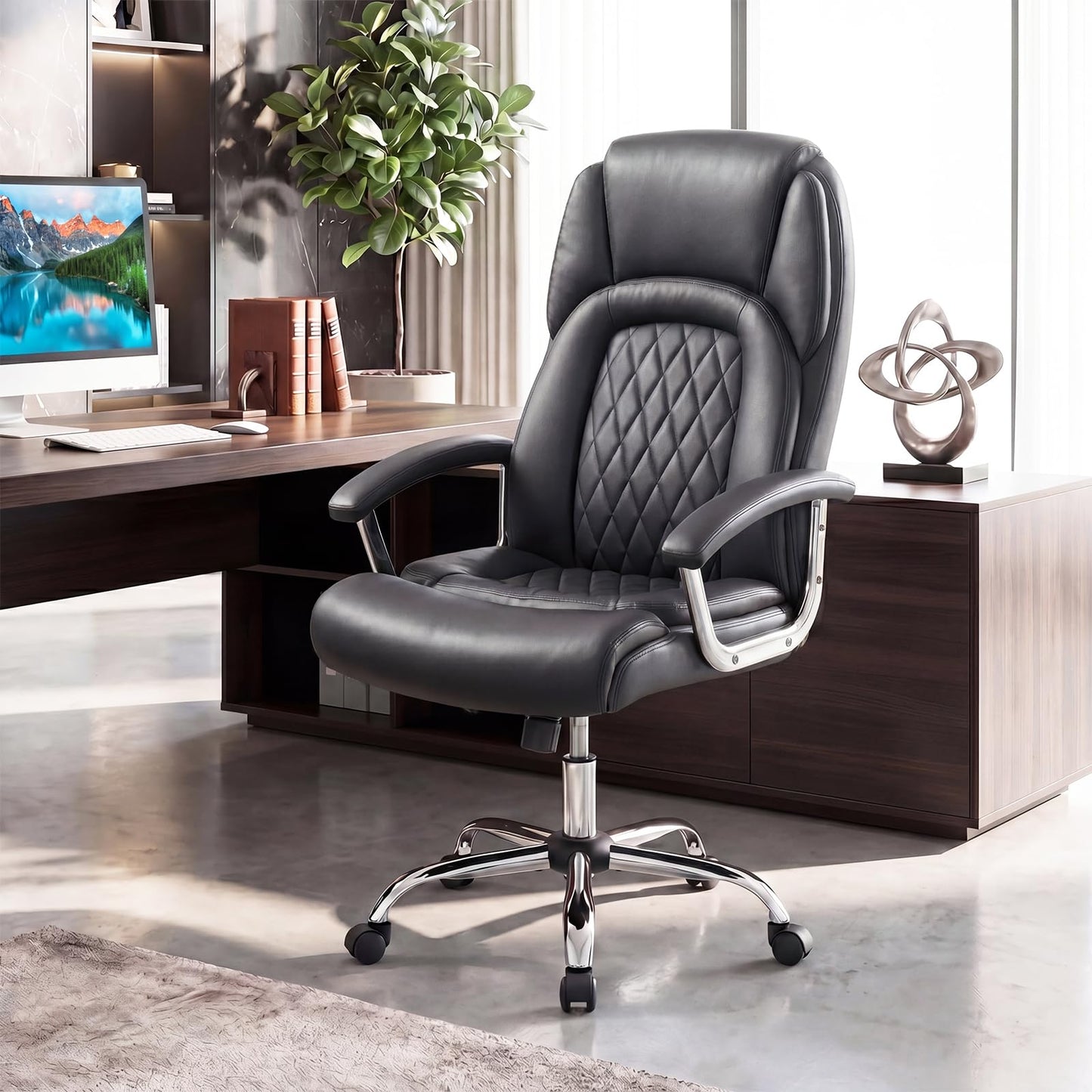 Giantex Ergonomic Office Chair, Upholstered Leather Executive Chair w/Padded Armrests & Rocking Backrest, Height Adjustable Computer Desk Chair, Swivel Rolling Chair w/Wheels for Home Office, Black