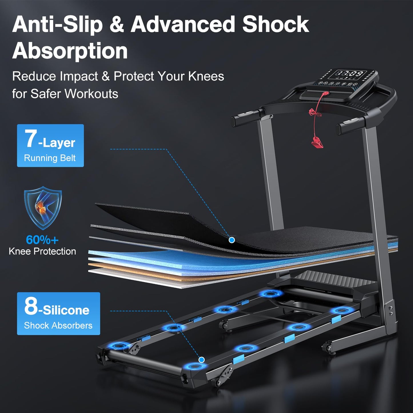 COZYINN Folding Treadmill with Incline, 3.5HP Quiet Treadmills for Home 400 lb Capacity, Running Machine with Pulse Sensor and Bluetooth Speaker, 7.6 MPH, App, Wide Belt, Space-Saving Design