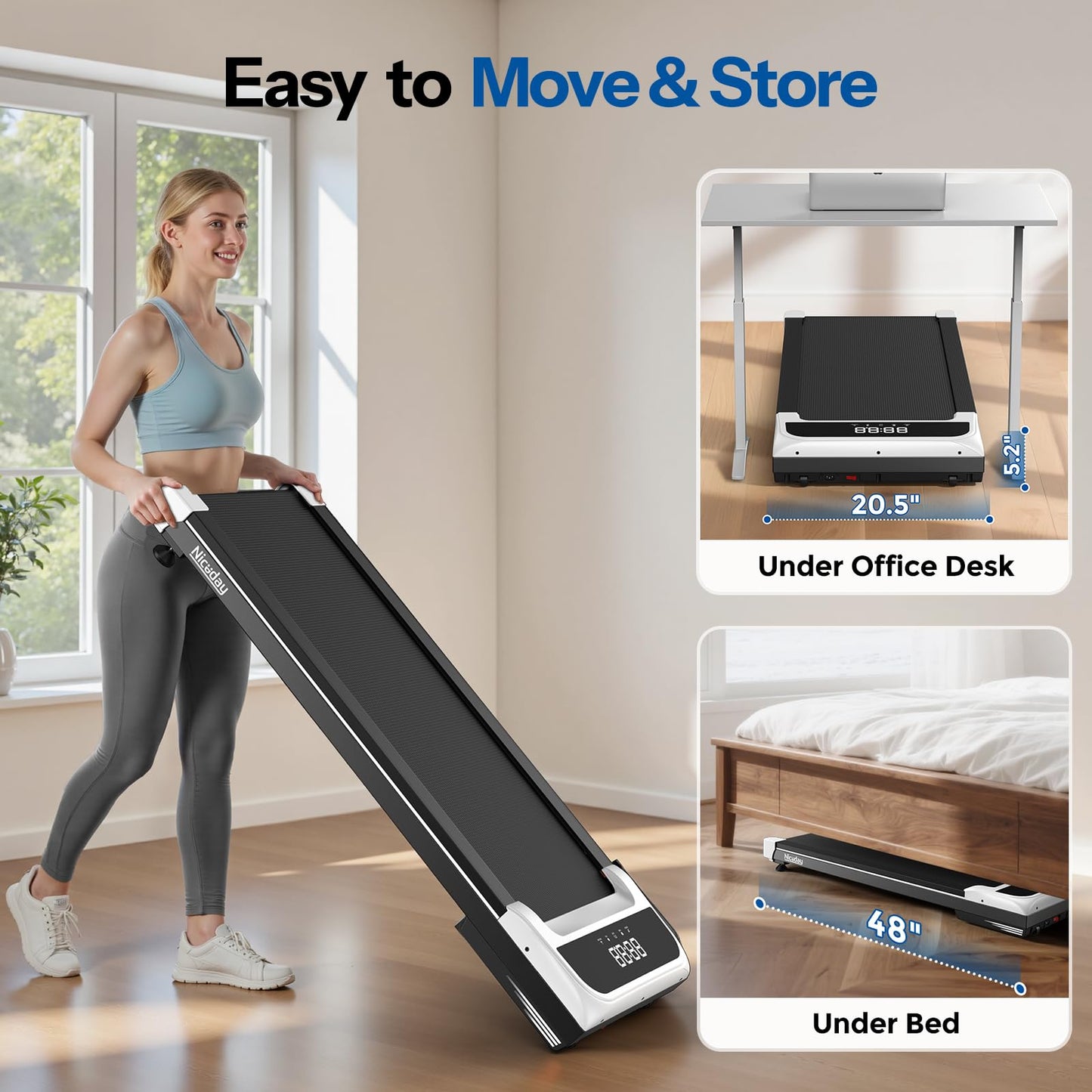 Niceday Walking Pad Treadmill with 10% Auto Incline, 400lbs Capacity, Under Desk Treadmill for Home Office, 3HP Super Quiet, Magnetic Remote & Preset Goal, White