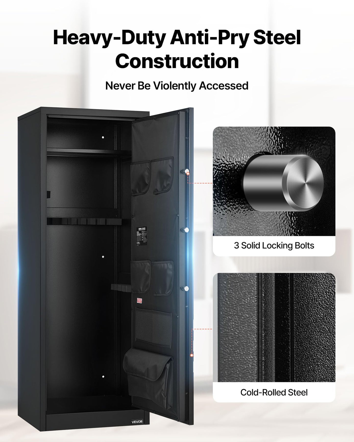 VEVOR 10-12 Gun Safe, Long Gun Cabinet for Rifles and Pistols, Quick Access Rifle Safe with 4 Pistol Pockets and 3 Adjustable Racks, Large Digital Cabinet with Key and Password Lock(Assembly Required)