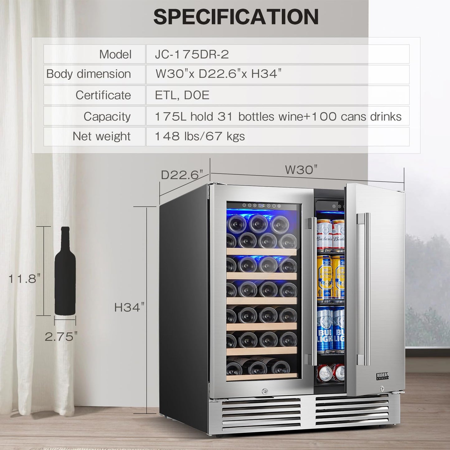 BODEGA 30 Inch Wine and Beverage Refrigerator Free Standing. Dual Zone Stainless Steel Wine Fridge under Counter, Drink Cooler for Beer, Soda, Champagne, Holds 110 Cans and 31 Bottles, Silver