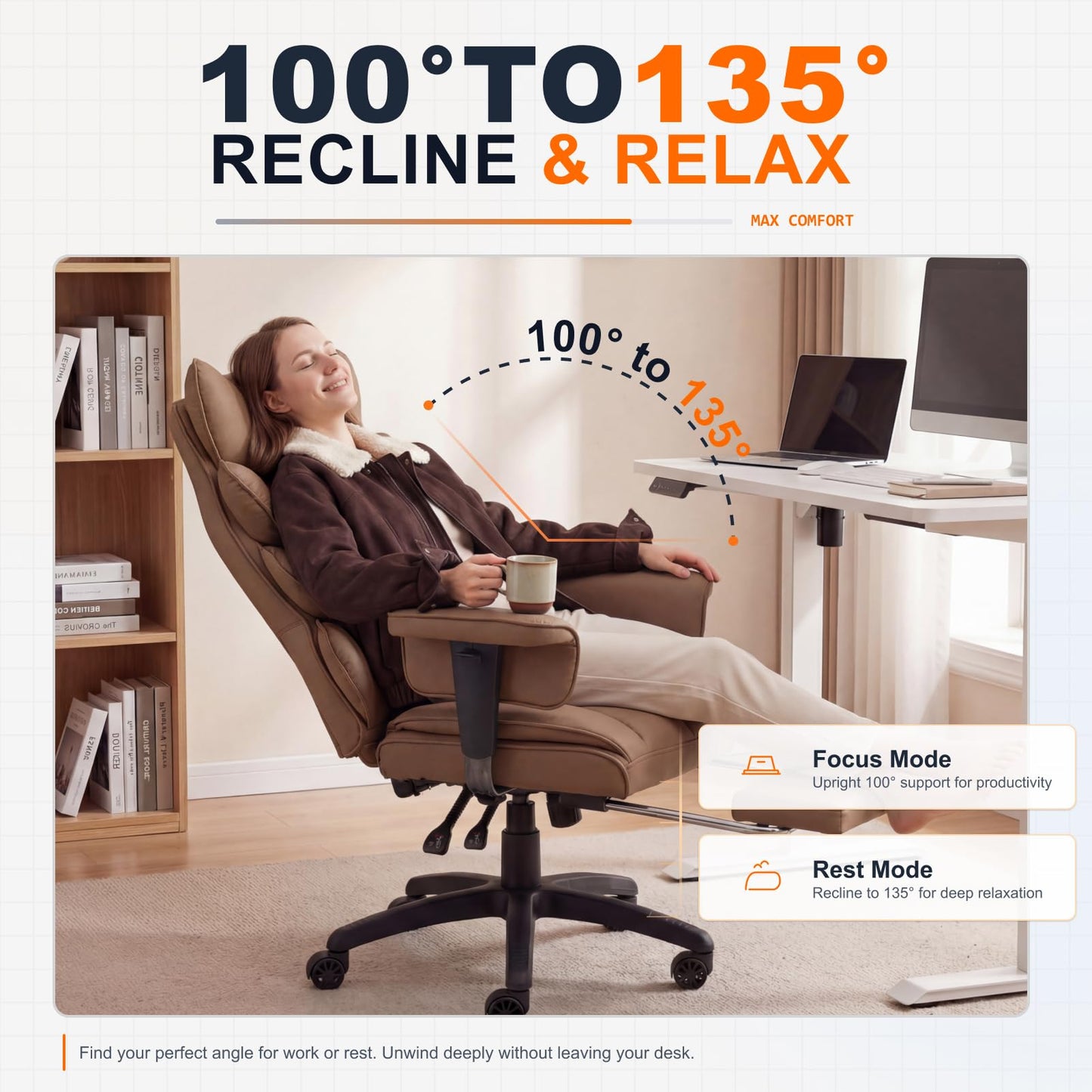 Dowinx Big and Tall Office Chair with Pocket Spring Cushion,High Back Computer Gaming Chairs with Adjustable Armrests,Executive Desk Chairs with Lumbar Support and Footrest,PU Leather-Brown