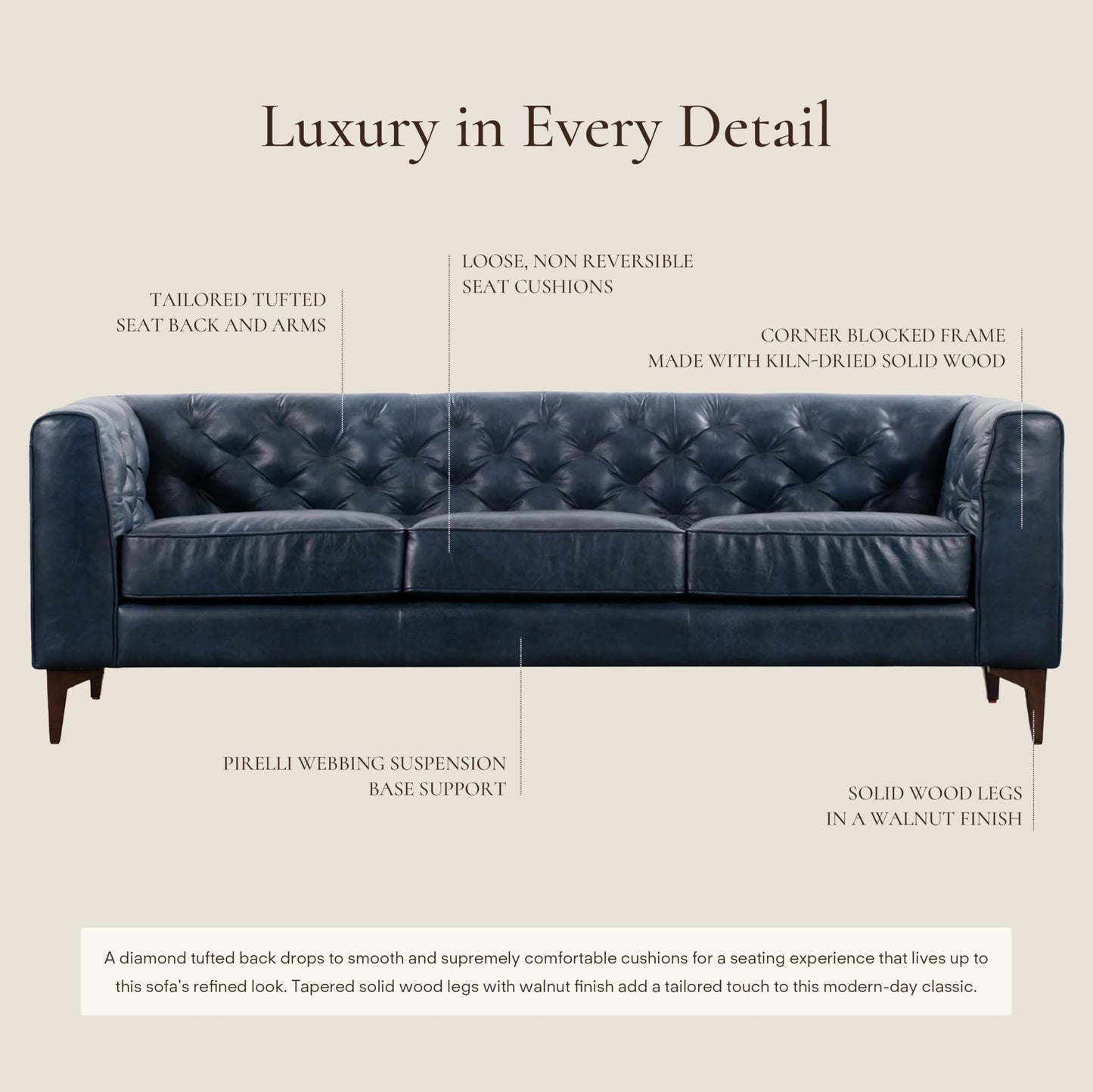 POLY & BARK Essex 89” Full-Grain Italian Leather Sofa – Tufted Back, Feather-Down Comfort, Solid Wood Frame, Midnight Blue