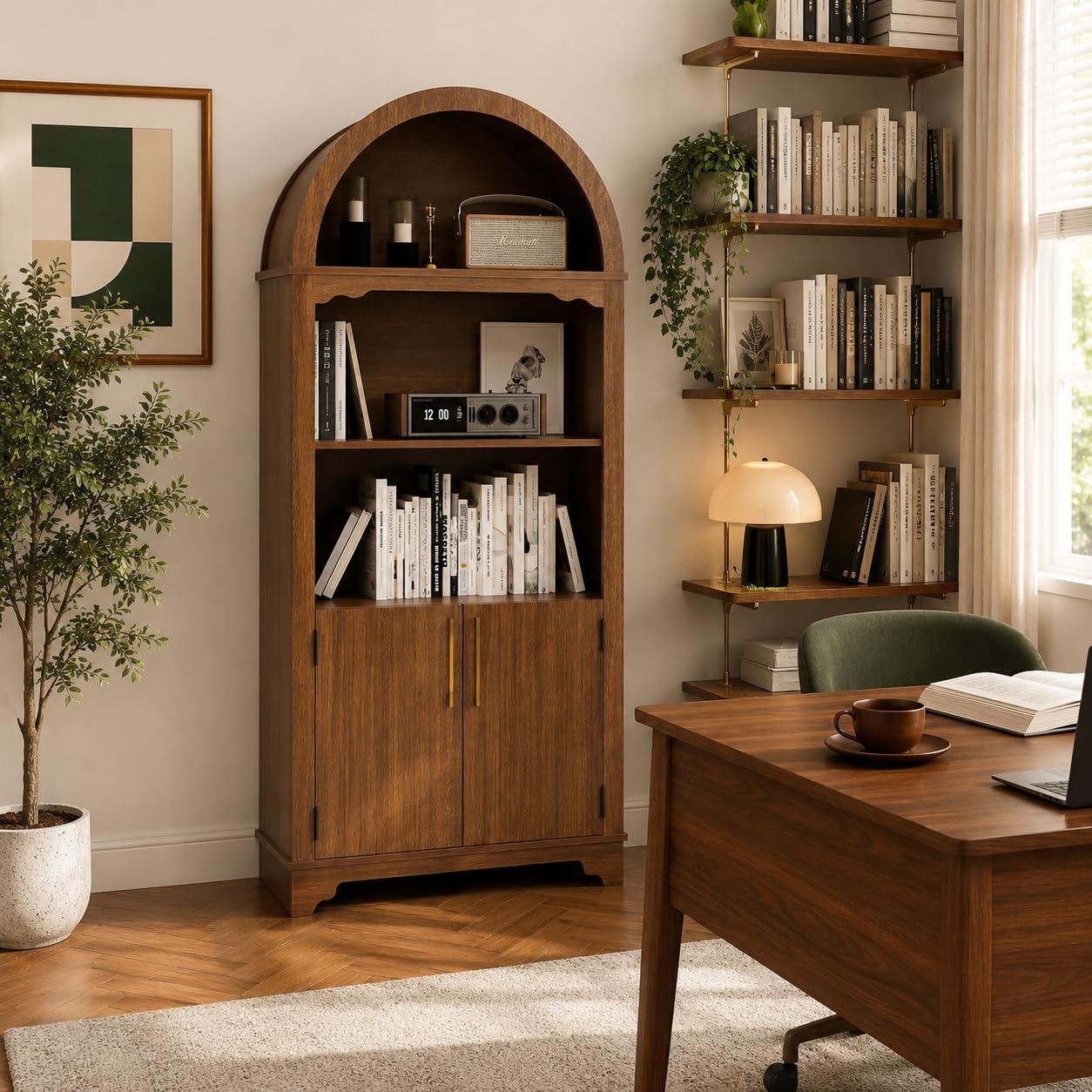 Trygoal 71'' Tall Arched Cabinet with Fluted Doors, Kitchen Pantry Farmhouse Cabinet with Open Display Shelves, Mid Century Modern Arched Bookcase for Living Room Dining Room Office Entryway, Walnut