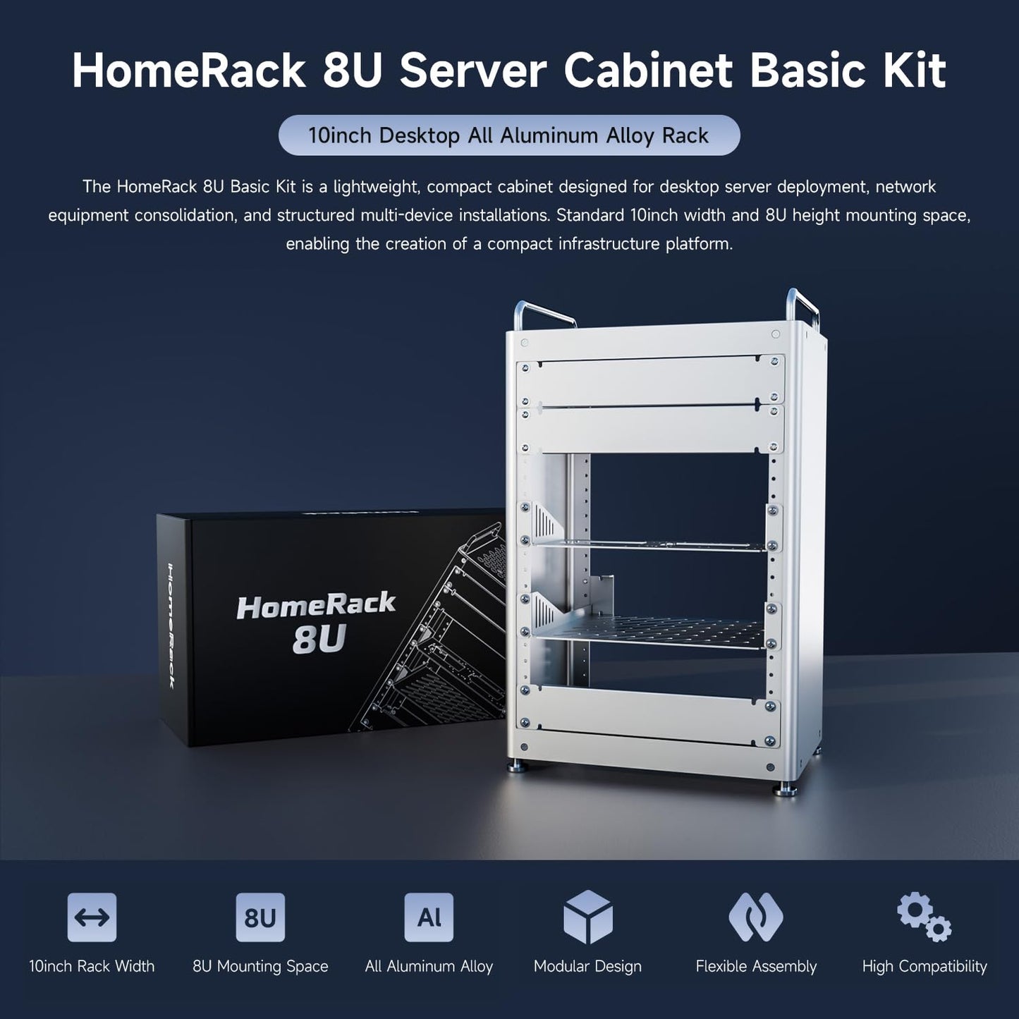 Waveshare HomeRack 8U Server Cabinet Basic Kit, 10inch Desktop All Aluminum Alloy Rack, High Compatibility