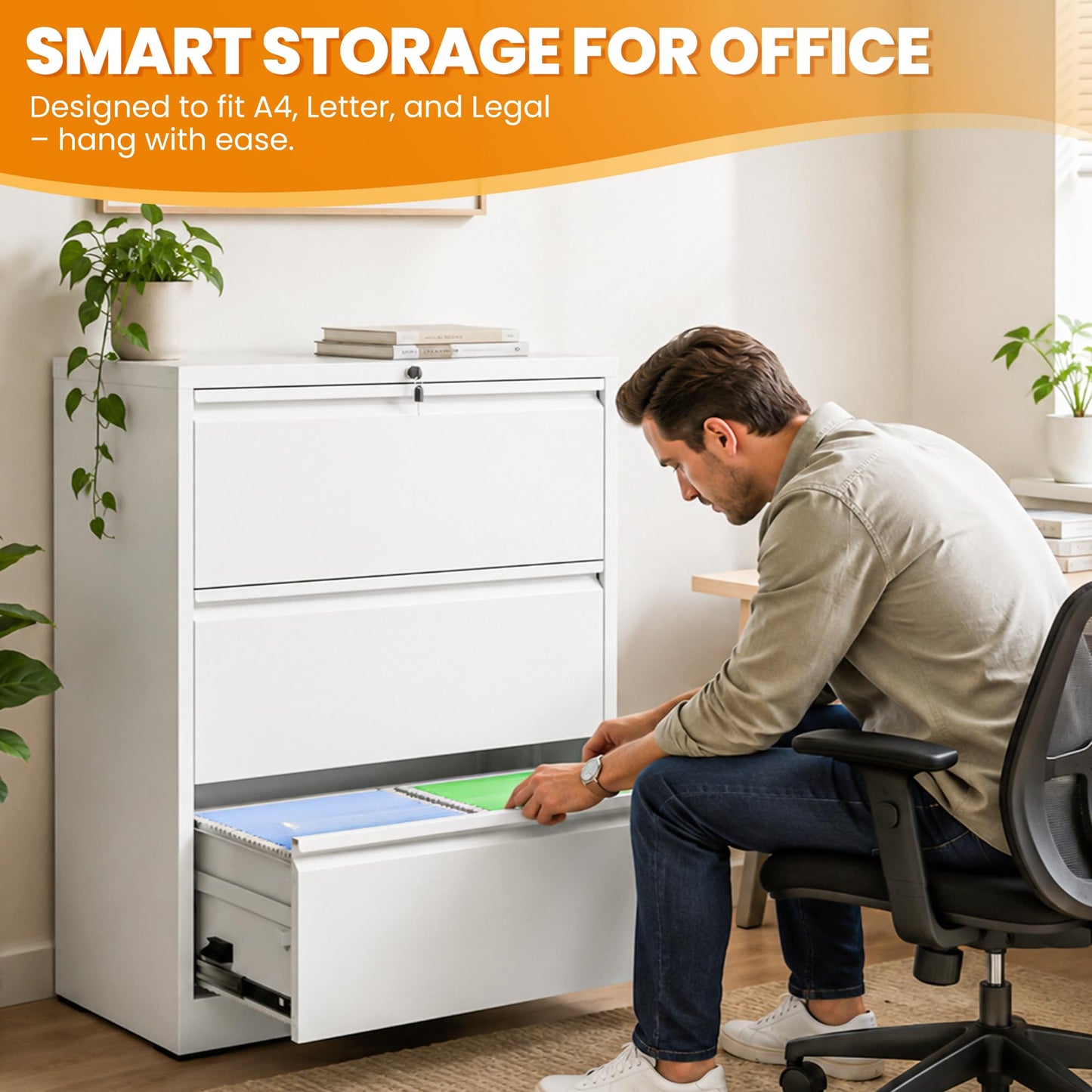 3 Drawer Lateral File Cabinet with Lock, Metal File Cabinets for Home Office, Office Furniture for Organization Hanging Legal/Letter/A4, Metal Filing Cabinet Storage Cabinet, Require Assembly, White