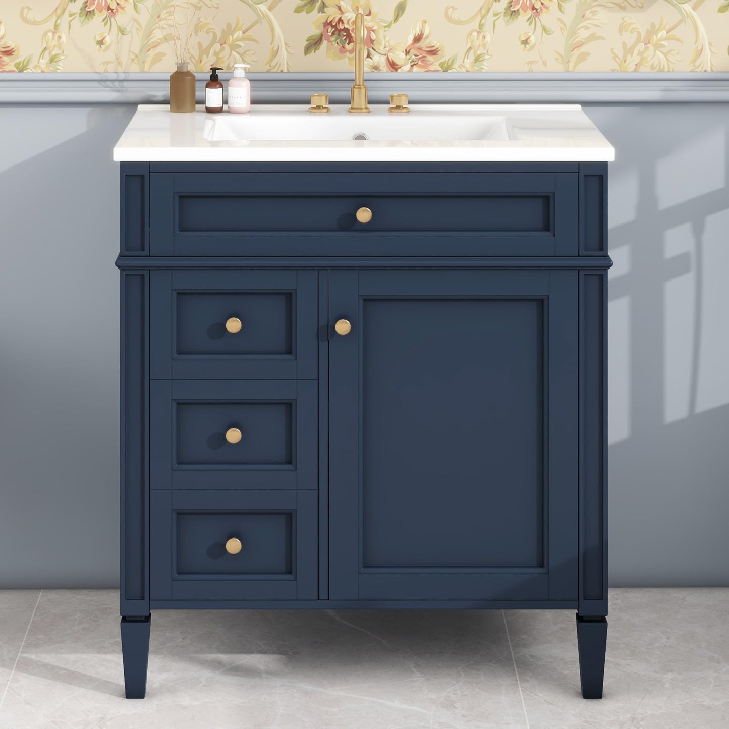 Merax 30 Inch Bathroom Vanity with Ceramic Sink, Solid Wood Frame Modern Bathroom Sink Storage Cabinet with 2 Drawers and a Tip-Out Drawer, Single Sink Bathroom Vanities, Navy Blue