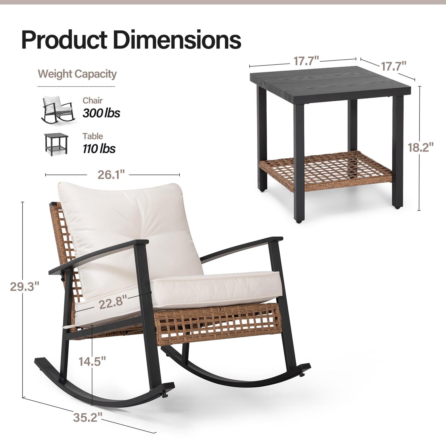 EO Living 3 Piece Rocking Patio Bistro Set, Outdoor Bistro Sets Wicker Patio Furniture Rocking Chairs Sectional Couch and 2-Tier Coffee Table for Garden, Balcony, Backyard (Beige)
