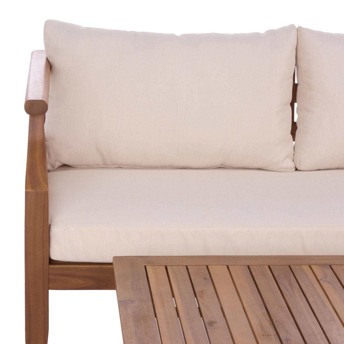 SAFAVIEH Outdoor Patio Furniture Collection - Alta Teak & Cream Solid Wood Bench with Cushions and Slatted Coffee Table, 2-Piece Set (PAT6812A)