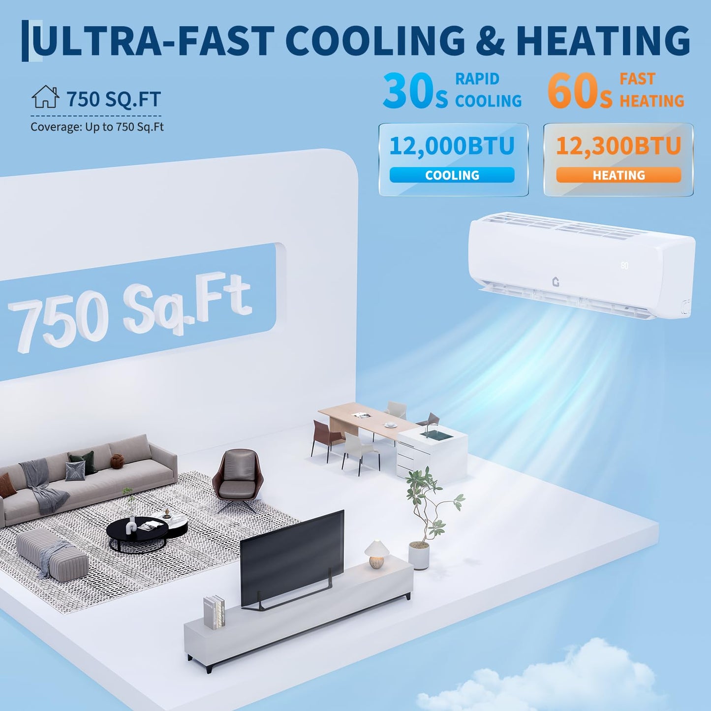 GarveeHome 12000 BTU Mini Split AC/Heating System, 19 SEER2 6-in-1 Inverter Split System Air Conditioners, Ductless Heat Pump Wall Mount AC Unit Cool Up to 750 Sq. Ft, Installation Kits, 230V