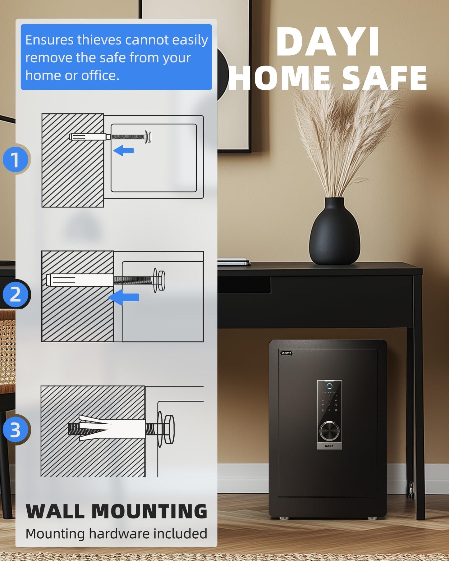 DAYI Biometric Fingerprint Safe Box, 3.0 Cu. Ft. Home Safes with Fireproof Bag, Digital Touchpad Security Safe for Money Cash Documents, Dual Alarm System - 60 Pro
