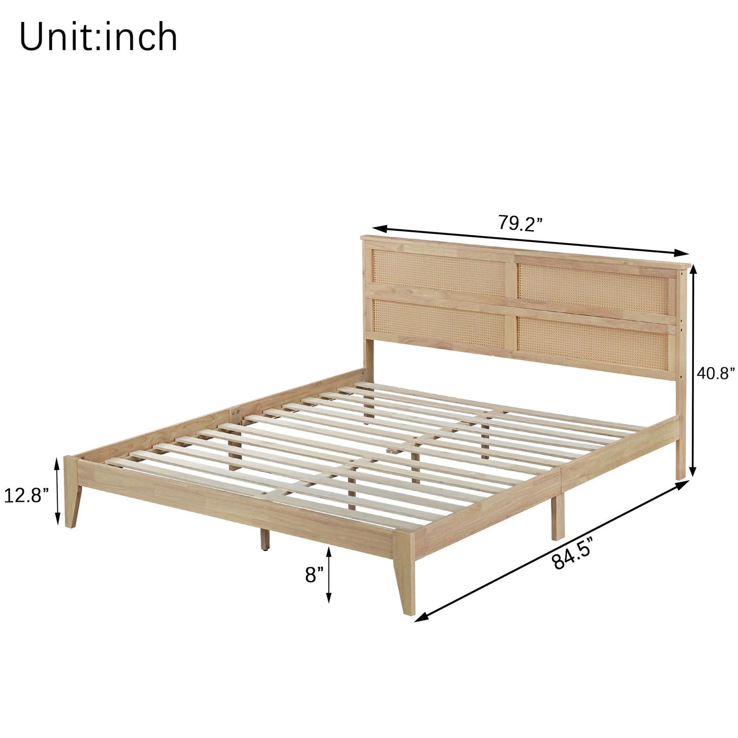 KEIKI King Size Solid Wood Bed Frame with Interwoven Rattan Headboard, Rubber Wood Platform Bed with Underbed Storage Space, Heavy Duty Support Legs, Noise Free Foundation, Natural