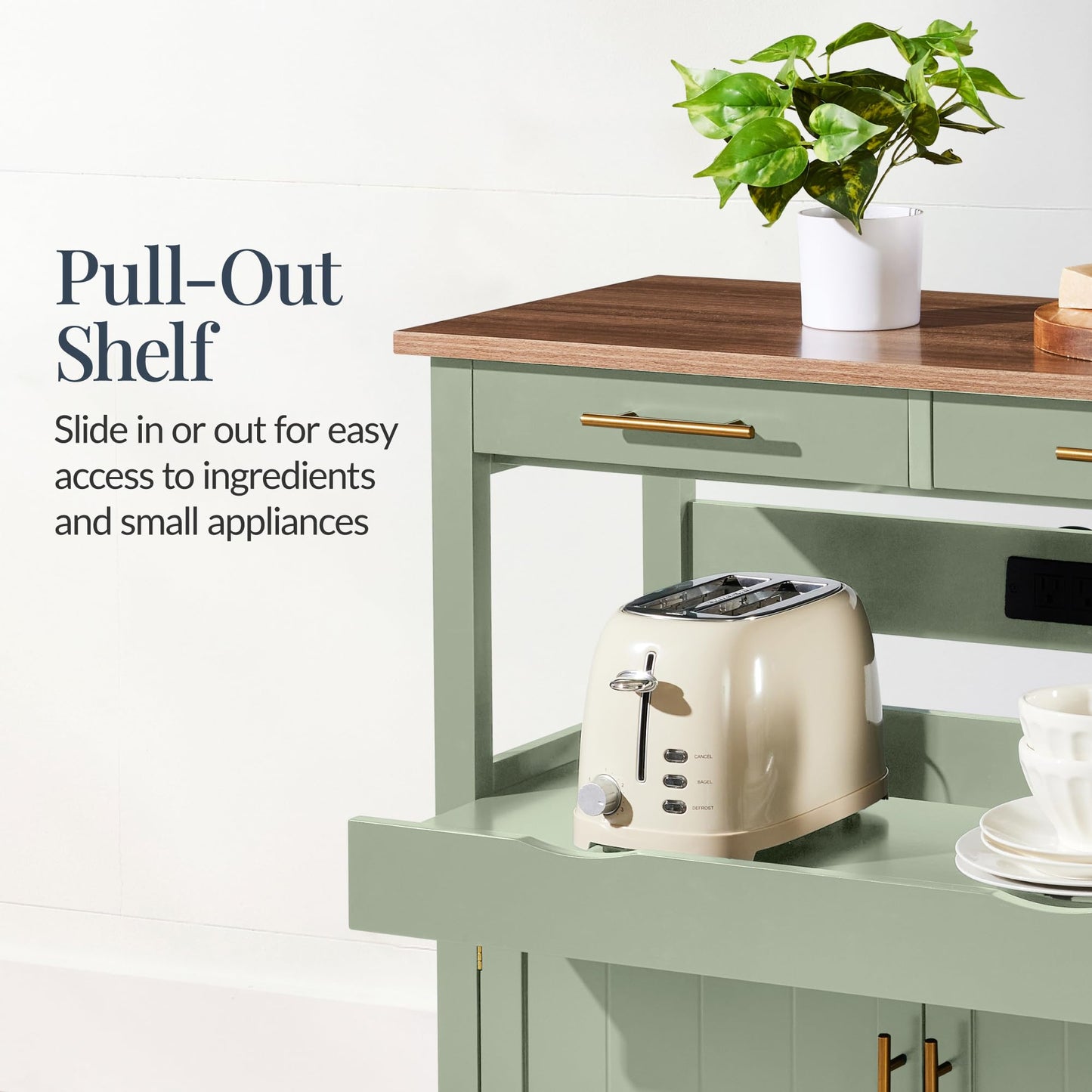 Best Choice Products 36in Large Rolling Kitchen Island Cart, 2-Door Cabinet, 2 Drawers, Pull-Out Shelf, Power Outlet, Hooks, & Swivel Lockable Wheels - Pistachio Green