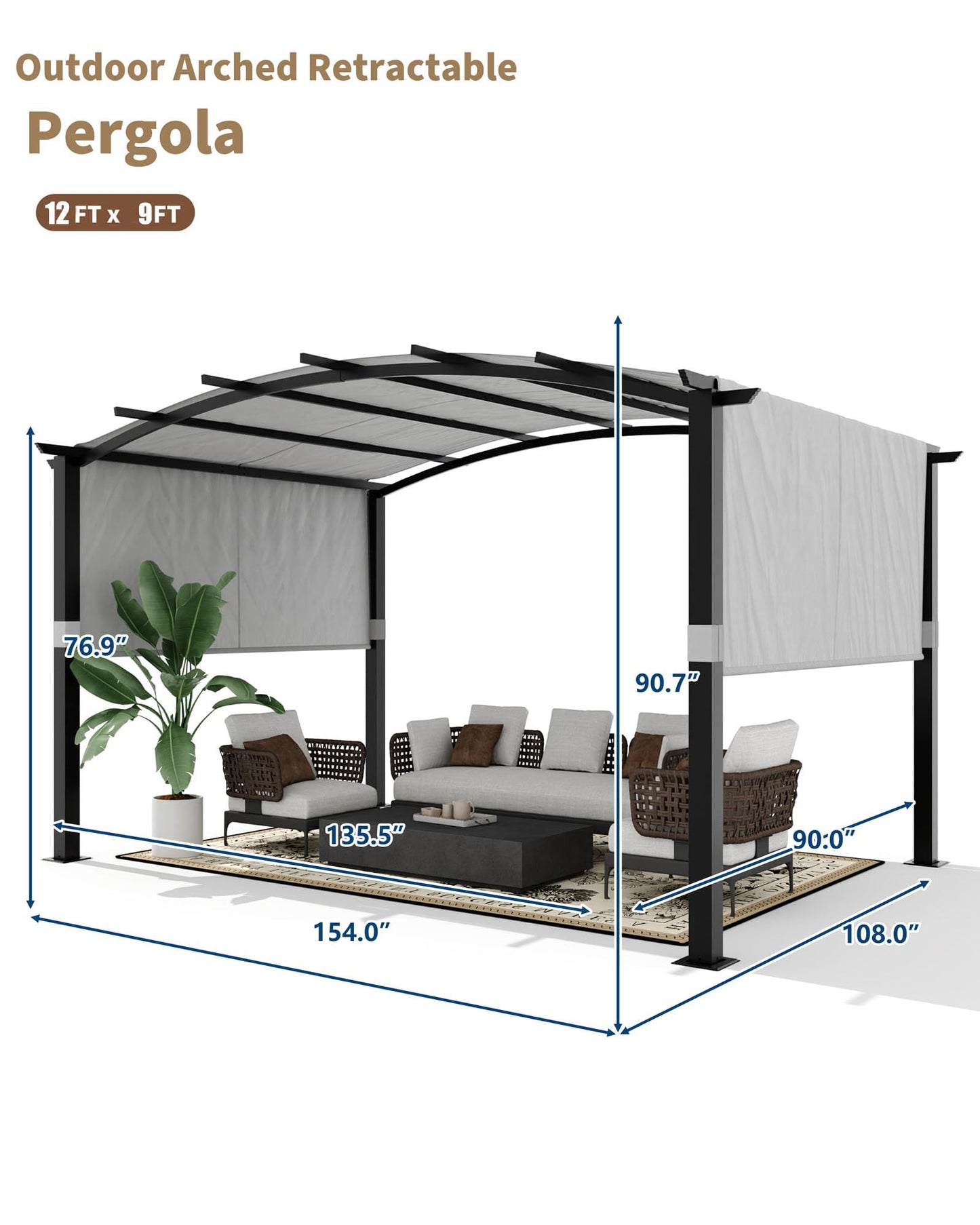 KYBOLT 12x9 Ft Outdoor Arched Pergola Metal Gazebo with Retractable Sun Shade for Patio Garden Backyard Deck Lawns(Gray)