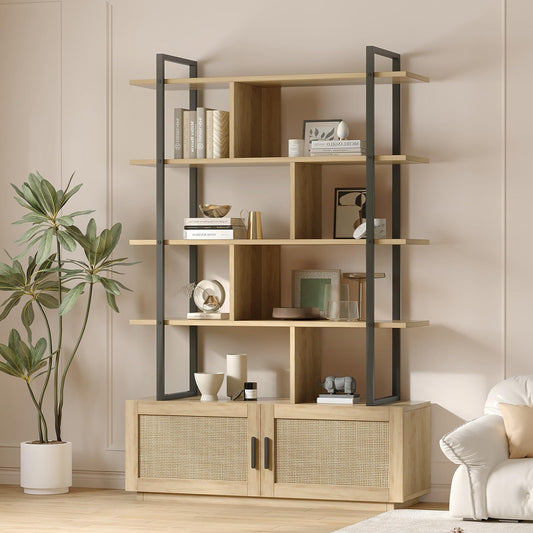 71" 5 Tier Rattan Bookshelf with Storage Cabinet & Door, Modern Bookcase with Open Display Shelves, Bookshelves with Rattan Cabinet for Living Room for Living Room, Bedroom and Home Office, Wood color