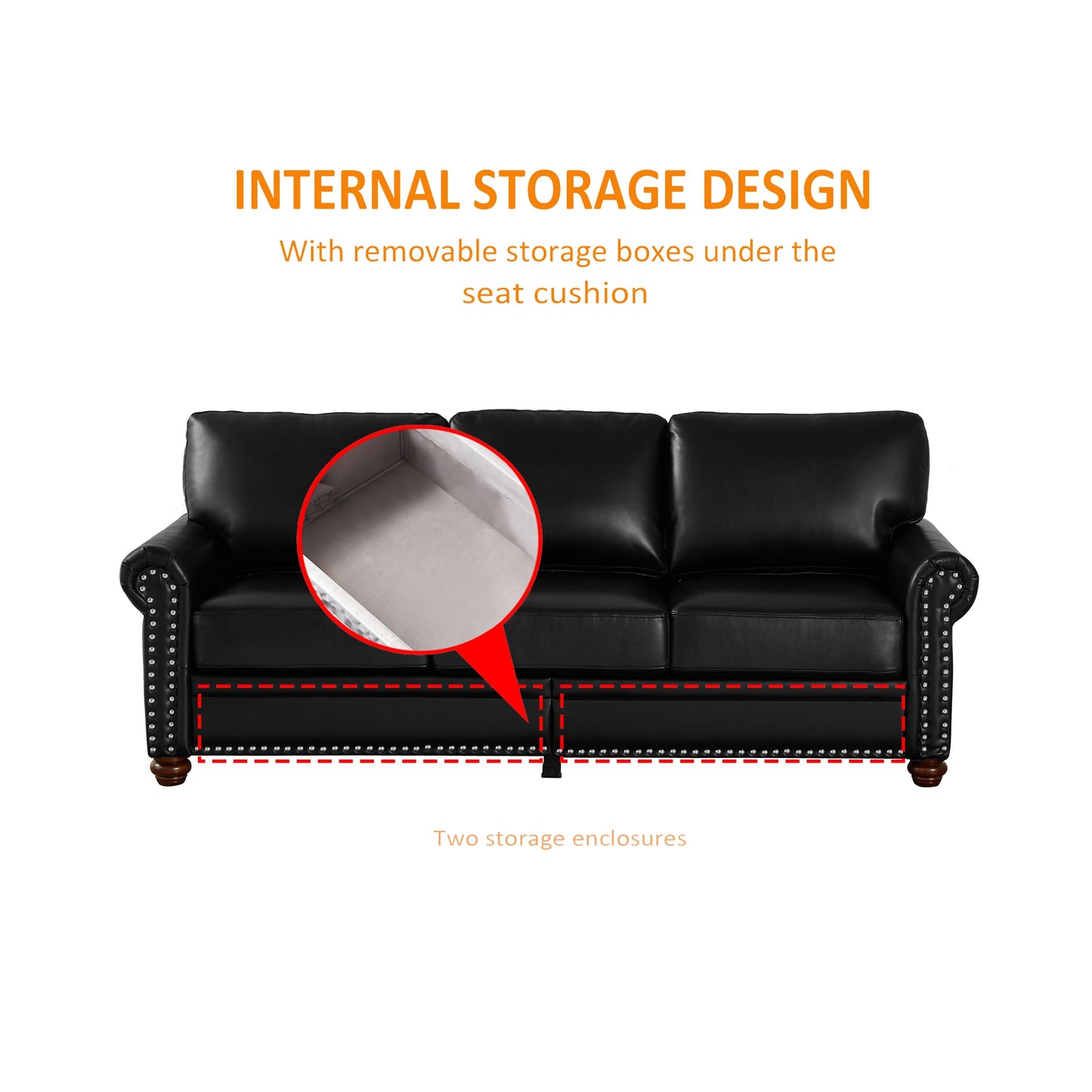 GDFStudio 83" Mid-Century Modern Sofa Couch with Storage, 3 Seater Deep Seat Upholstered Faux Leather Sofa with Nailhead Trim, Rolled Arms & Solid Legs, Comfy Accent Sofa for Living Room, Black