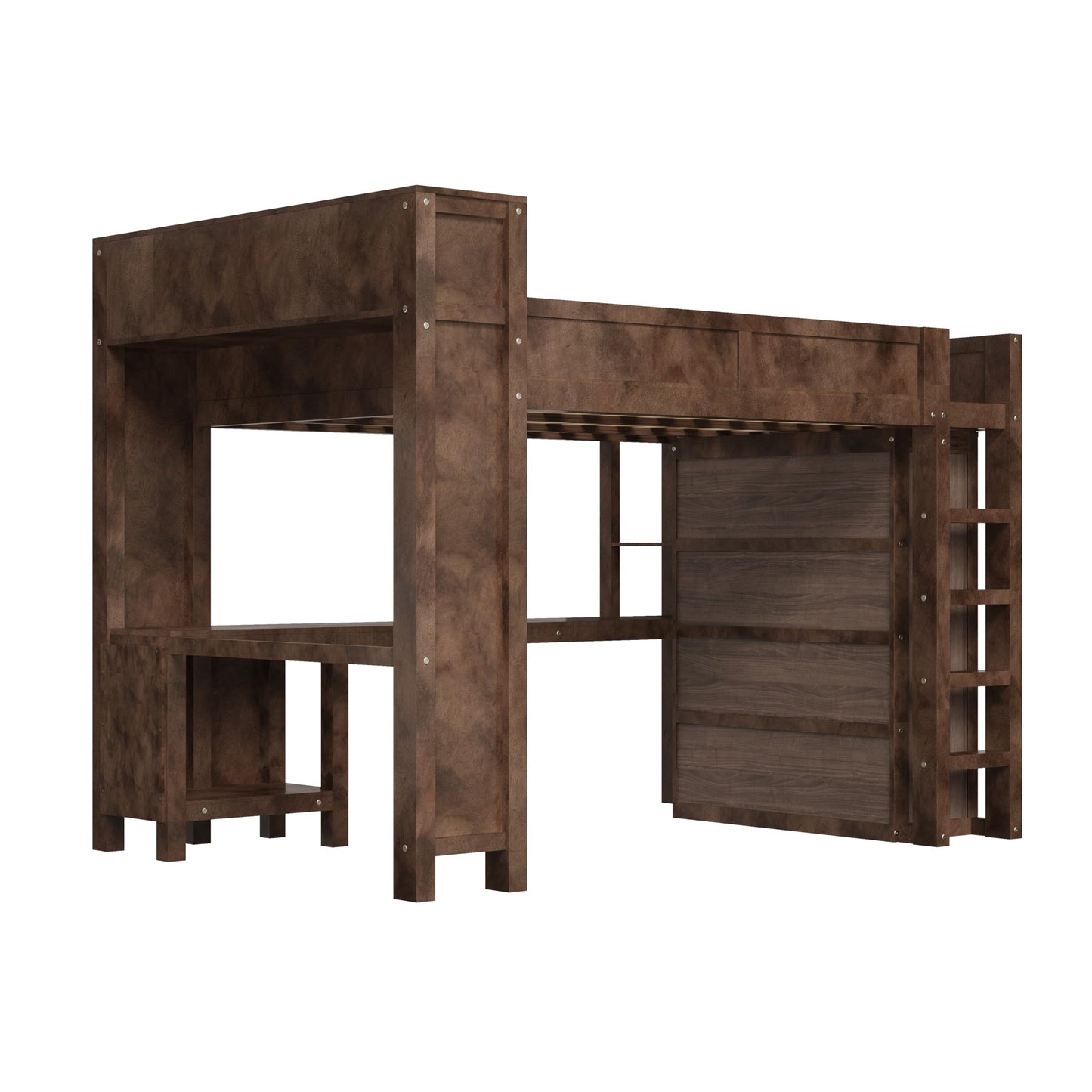 Merax Queen Loft Bed Frame with Desk and Wardrobe, Headboard with Storage & Charging Station, Wood Loft Bunk Bed with Solid Slats & Guardrail, No Box Spring Needed, Space-Saving, Noise Free, Brown