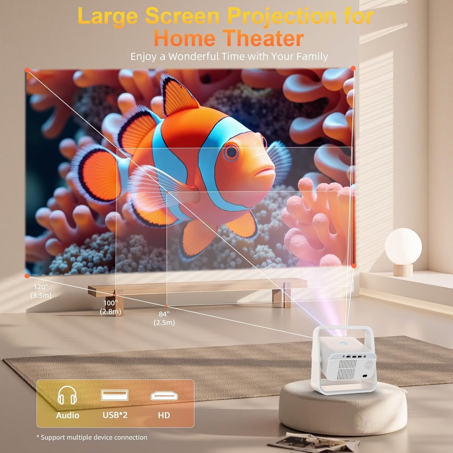 Smart Projector with WiFi6 and Bluetooth5.2, Built-in Apps, 4K Support, Native 1080P Outdoor Movie Projector, Auto Keystone & 360°Stand, 2026 Upgraded Portable Proyector for Home Theater, White