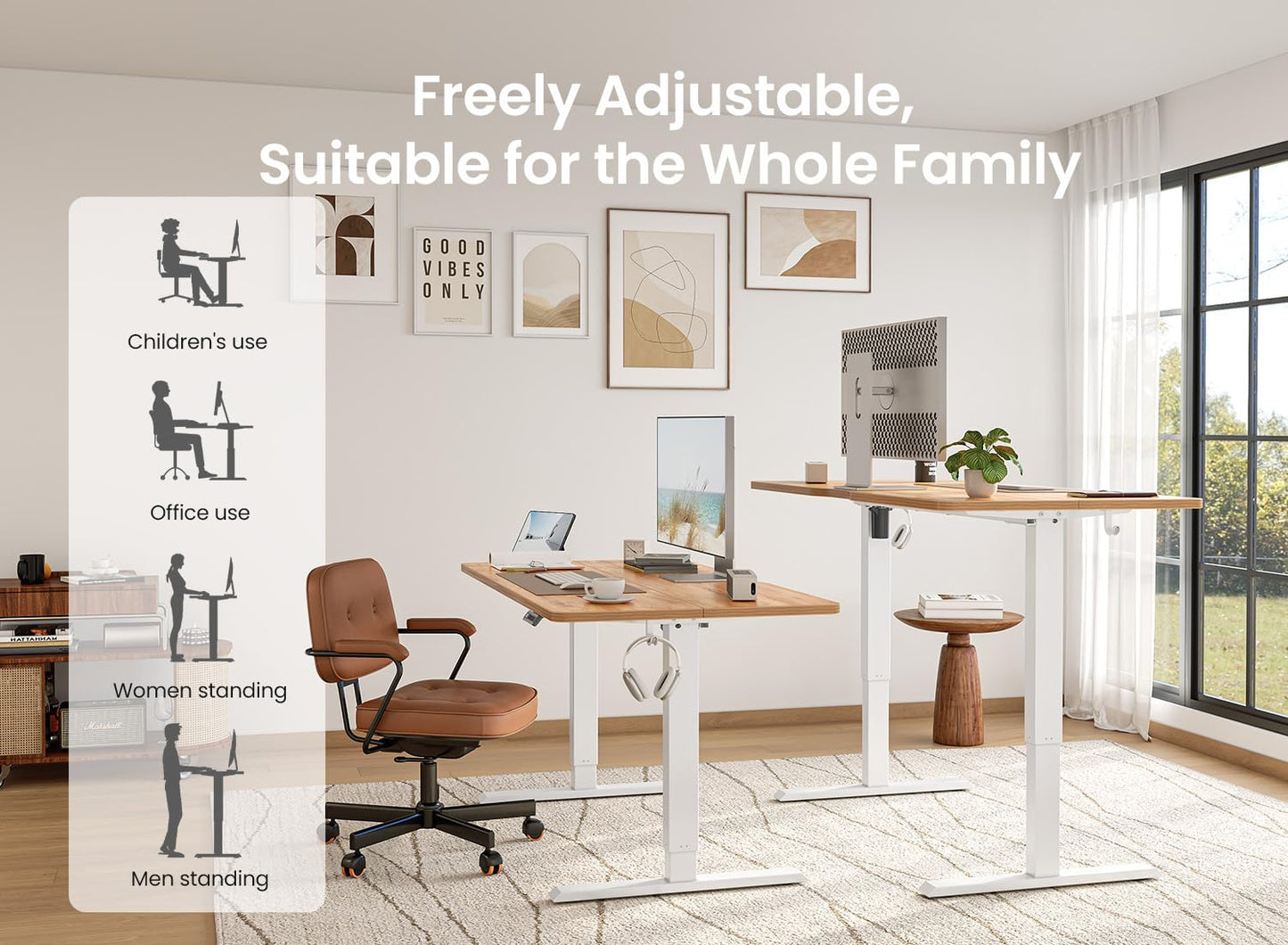 BANTI 63 × 28 Inches Standing Desk, Ergonomic, Electric Height Adjustable, Sit and Stand Up, Computer Office Desk with Splice Board, White Frame/Maple Top