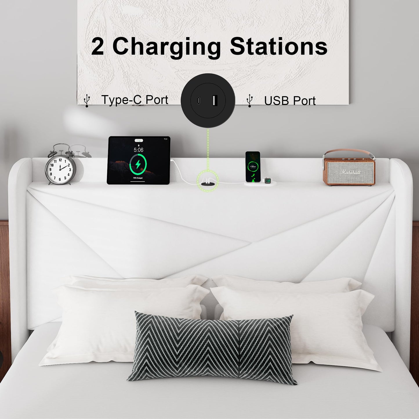 Feonase Queen Size Bed Frame with Charging Station, Velvet Upholstered Platform Bed Frame with Wingback Storage Headboard, Solid Wood Slats Support, No Box Spring Needed, Noise Free, White