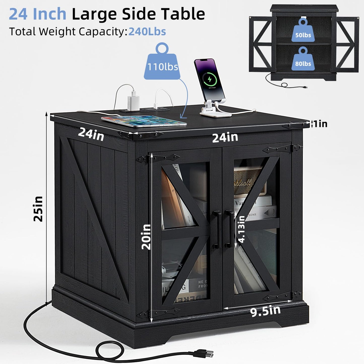 Joaxswe 24" End Table Set of 2 with Charging Station, Farmhouse Night Stand with Glass Barn Door, Nightstands with Adjustable Storage Shelf, Large Wood Square Bed Side Table for Living Room,Bedroom