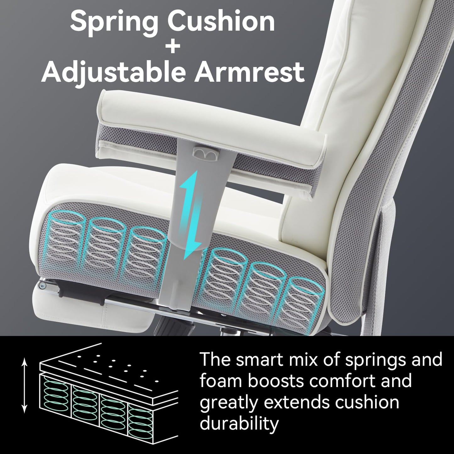 Efomao Big and Tall Office Chair with Footrest, 450lbs High Back Executive Chair with Spring Cushion, PU Leather Upholstery, Padded Armrests, Swivel Base, and Rolling Wheels – White Computer Chair