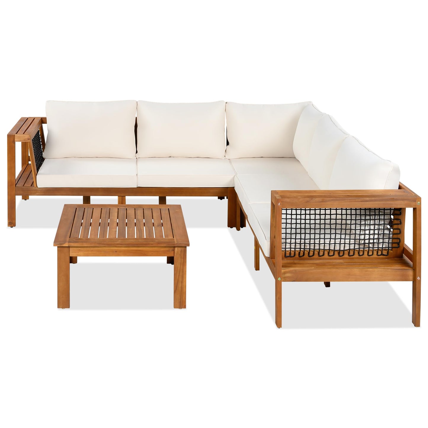 Merax 4 Pieces Patio Furniture Set, Outdoor L-Shaped Sectional Sofa Set with Coffee Table, Acacia Wood Conversation Seating & Thick Cushions and Side Table, for Backyard, Garden and Poolside, Beige
