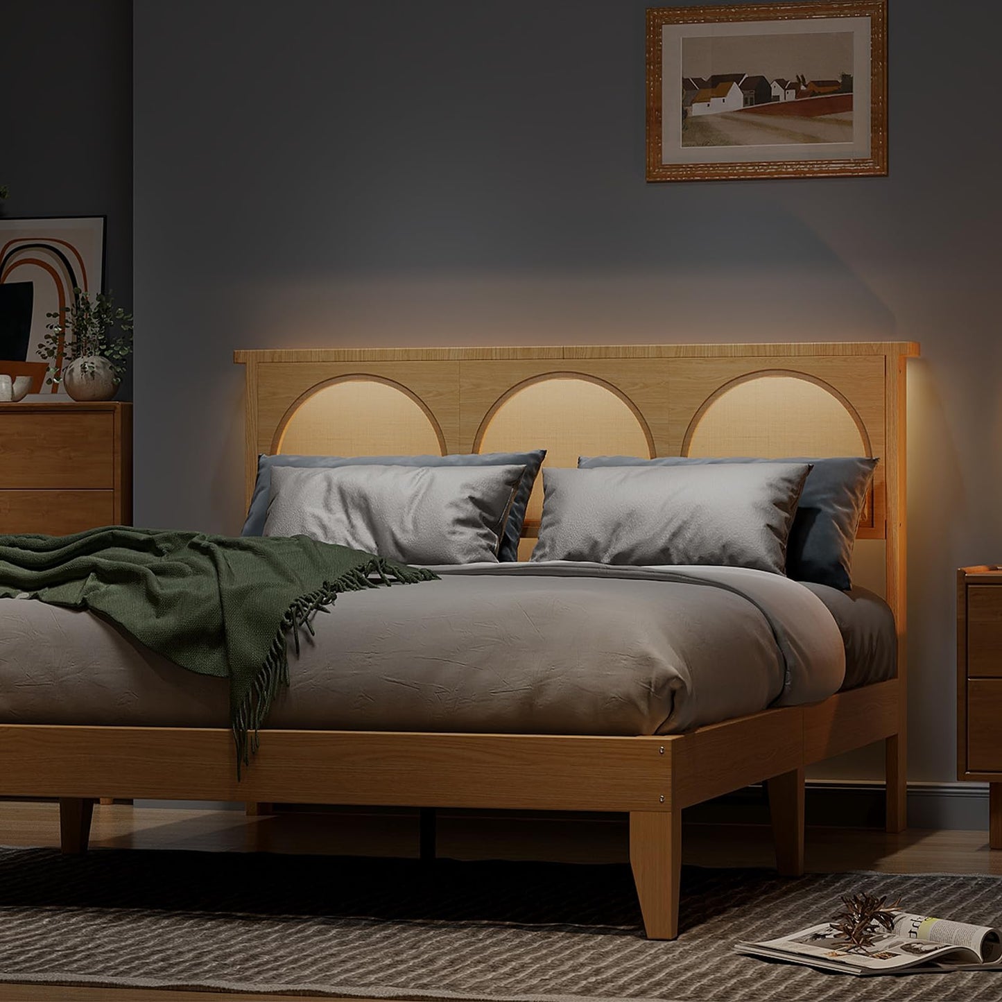 GarveeHome Boho Full Bed Frame, Solid Wood Bed with Natural Rattan Headboard & LED Lights, Wooden Platform Bed No Box Spring Needed, Storage Underneath, Sturdy Noise-Free Bed Frame, Easy Assembly