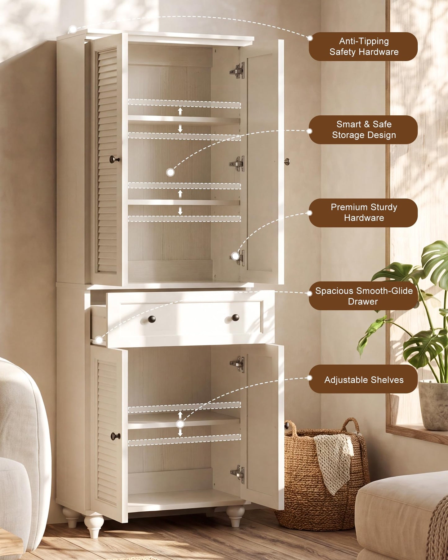 Foxemart 80" Tall Storage Cabinet with Louvered Doors and Adjustable Shelves, Farmhouse Kitchen Pantry Cabinet, Freestanding Storage for Dining Room, Living Room, Home Office, Bathroom, Rustic White