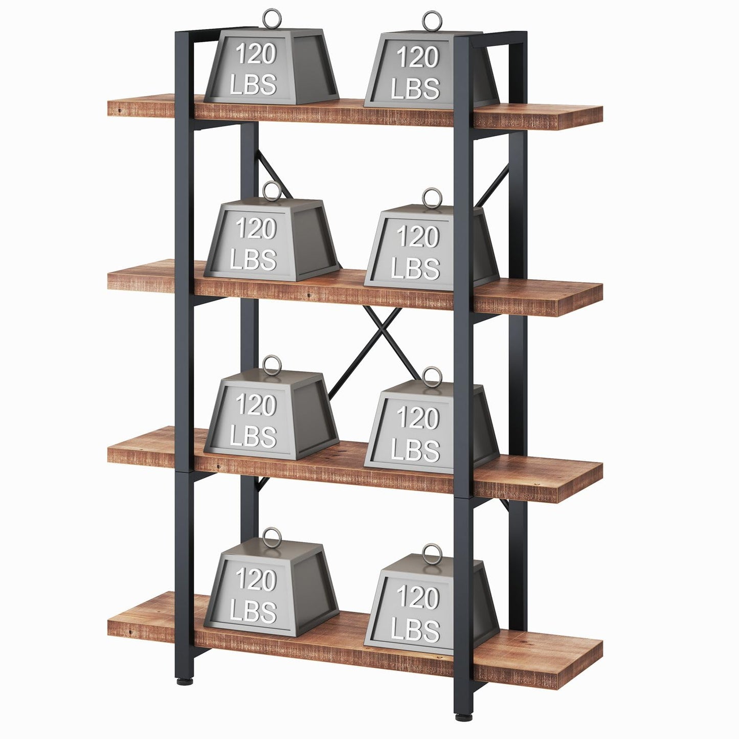 HSH Industrial 4 Tier Solid Wood Bookcase, Real Natural 4 Shelf Rustic Wooden and Metal Bookshelf, Farmhouse Open Vintage Etagere Book Shelf for Office Living Room Bedroom Storage, Distressed Brown