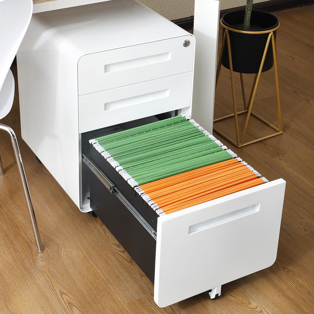 BouPower 3 Drawer File Cabinet for Home Office, Under Desk Mobile Filing Cabinet with Lock for A4/Letter/Legal Size, 5 Wheel Anti-tilt Rolling File Cabinets, Fully Assembled (Except Casters)