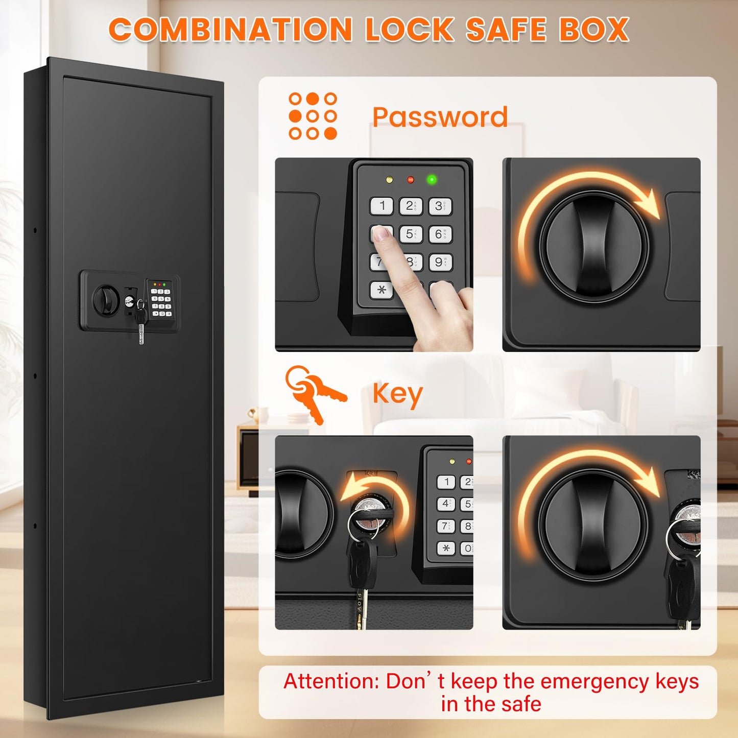 43.3" Tall Fireproof Wall Safes Between the Studs 16" Centers, Electronic Hidden Safe with Removable Shelf, Fireproof in Wall Safe for Money Jewelry Passport