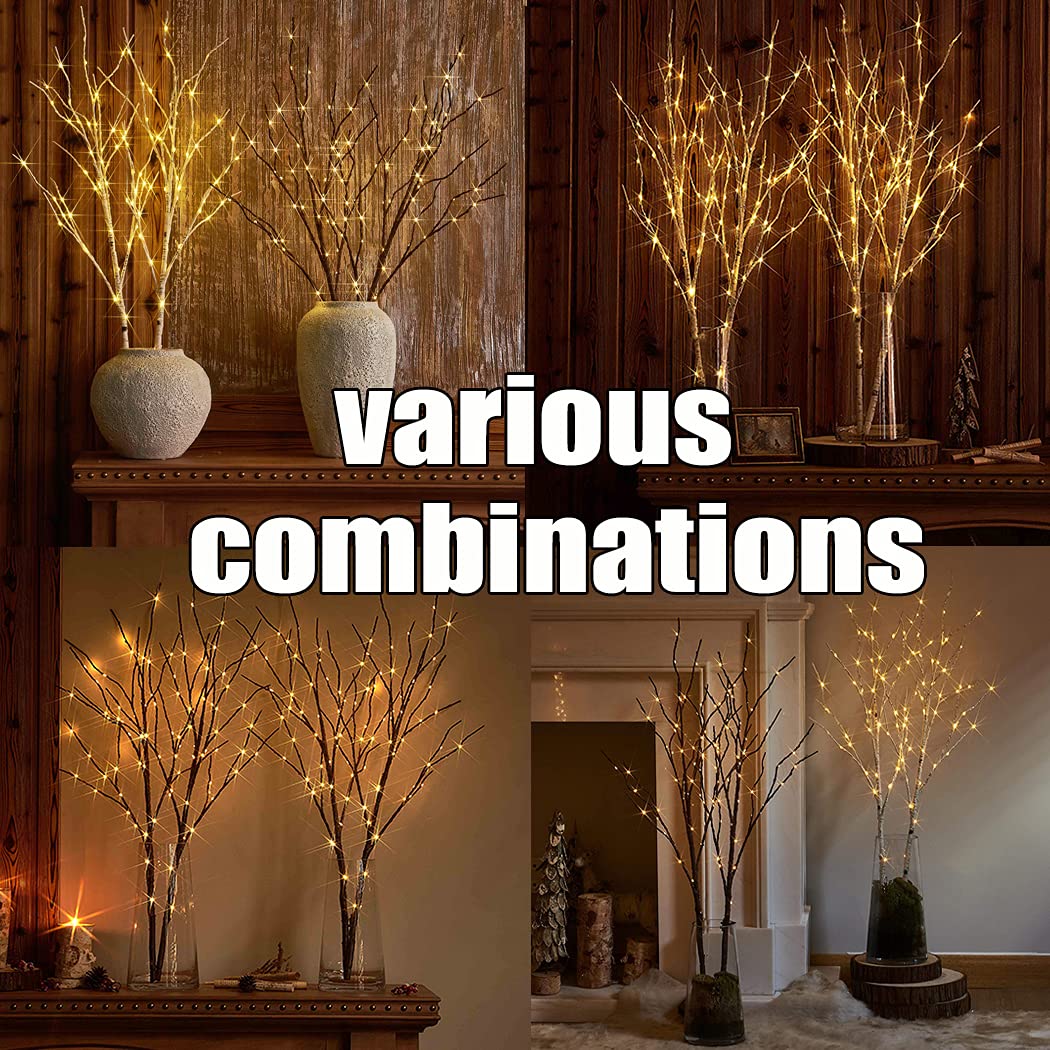 Fudios Lighted Branches 30IN Tall Birch Twig Lights, 100 LED, White, 2 Sets, Battery Operated for Indoor/Outdoor Holiday Decor