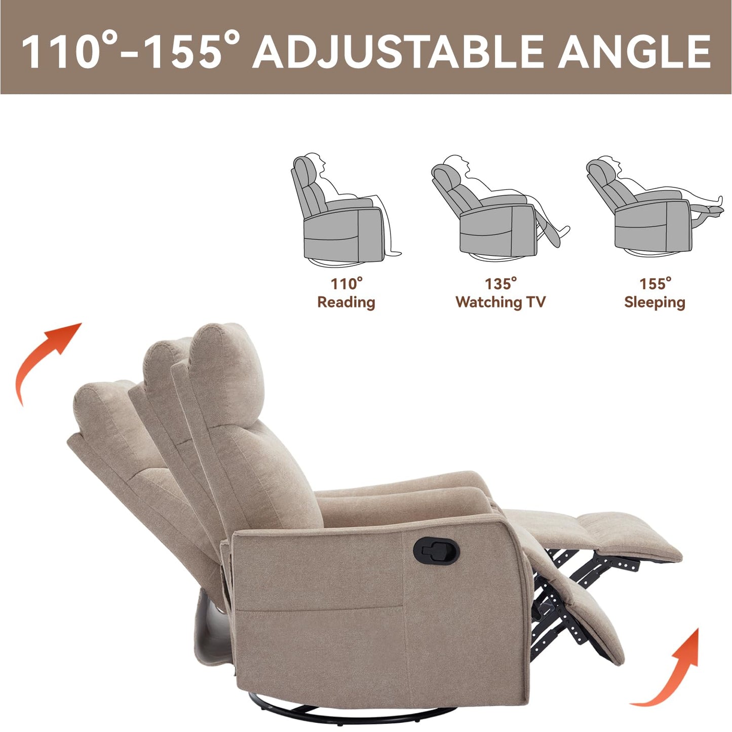 KEIKI 4-in-1 Manual Swivel Rocker Recliner Chair for Home Living Room, Polyester Chair with Back Massager & Heat, Home Theater Seating with Lumbar Support, Soft Recliner Office Chair for Adult, Khaki
