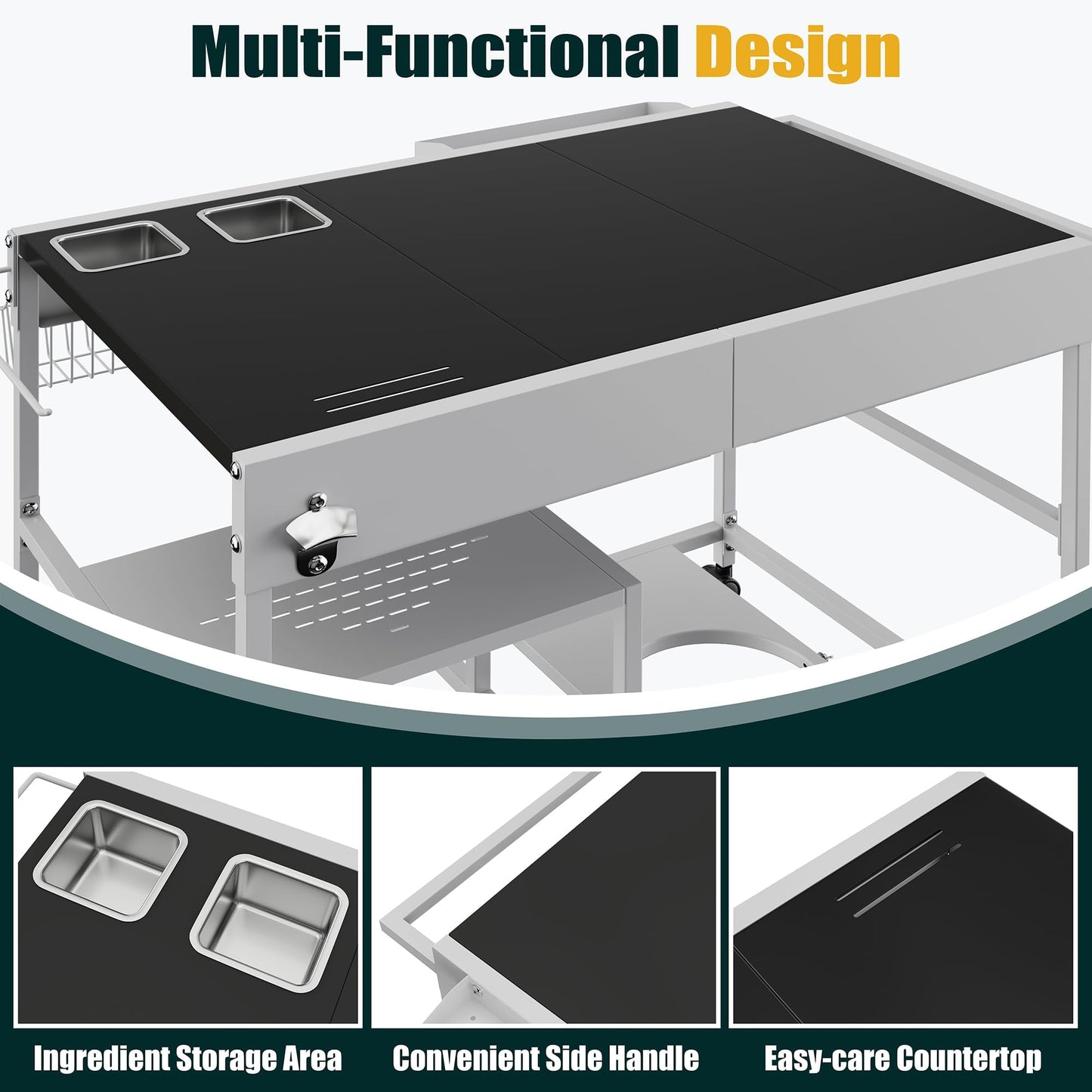 Shintenchi 24.6"x37.6" Pizza Oven Cart Table with Topping Station and Wheels, Outdoor Tabletop Grill Table Stand, Movable Food Prep Workcart Fits for Ninja Blackstone Woodfire Grill