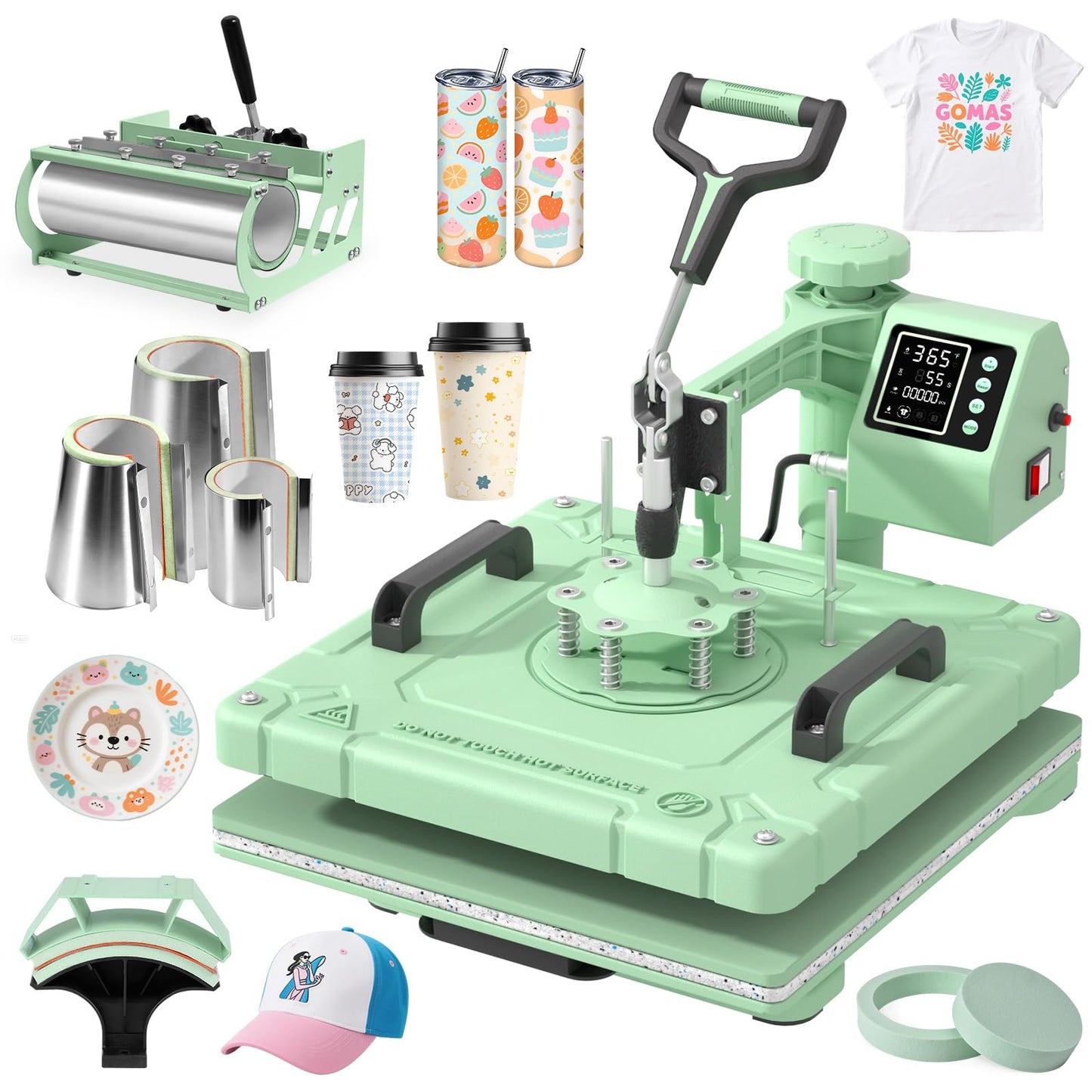 Slendor 8 in 1 Heat Press Machine 15x15 inch 360-Degree Swing Away Digital T Shirt Pressing Machine Multifunction Heat Transfer Sublimation Combo for T Shirts Mugs Hat Plate Cap, Green