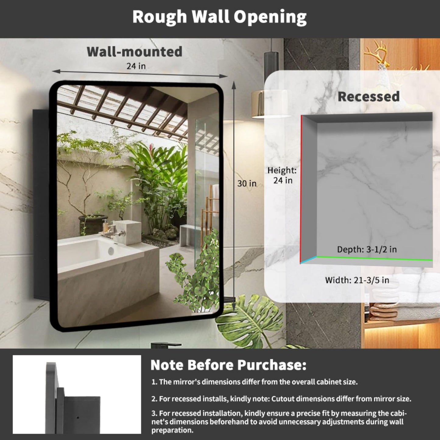 Movo Black Metal Framed Bathroom Mirror Medicine Cabinet,30 Inch x 24 Inch Recessed Wall Mounted Medicine Cabinet with Mirror,Aluminum Storage Cabinet for Bathroom Vanity
