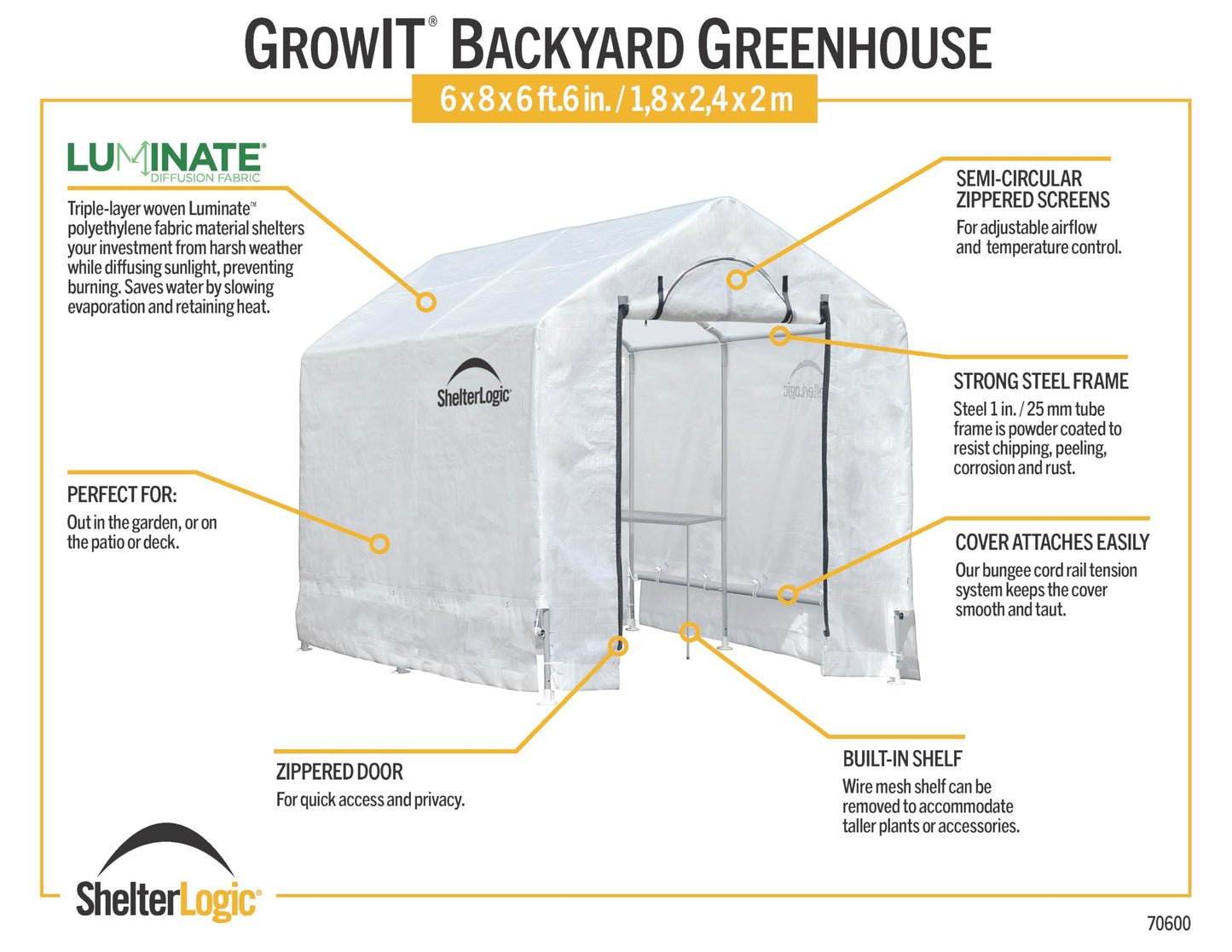 ShelterLogic 6' x 8' x 6.5' GrowIT Greenhouse Peak Roof Style Backyard Grow House with Integrated Shelving