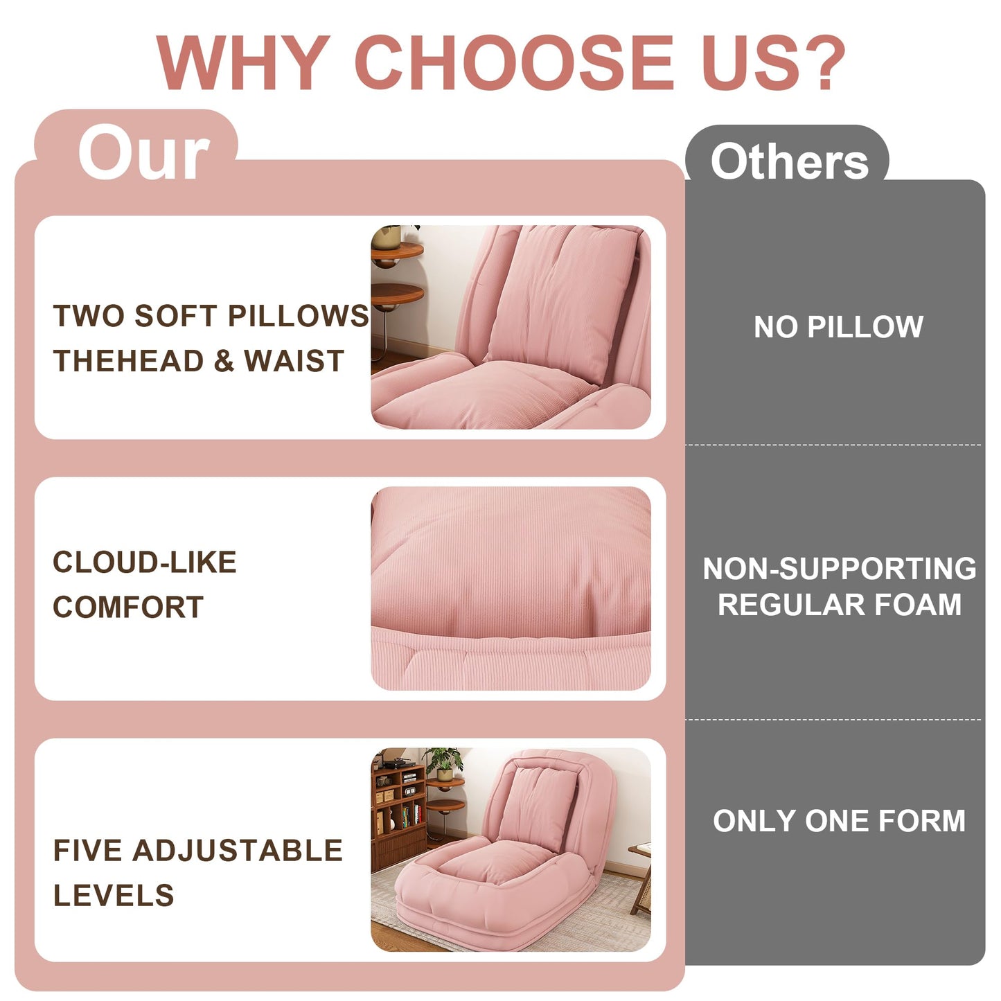 KEIKI 71" Human Dog Bed for Adults, Giant Plush Floor Sofa Bed with 5 Adjustable Positions & 2 Pillows, Foldable Faux Fur/Corduroy Lounge Bed for Relaxing, Gaming, Napping, Living Room Bedroom, Pink