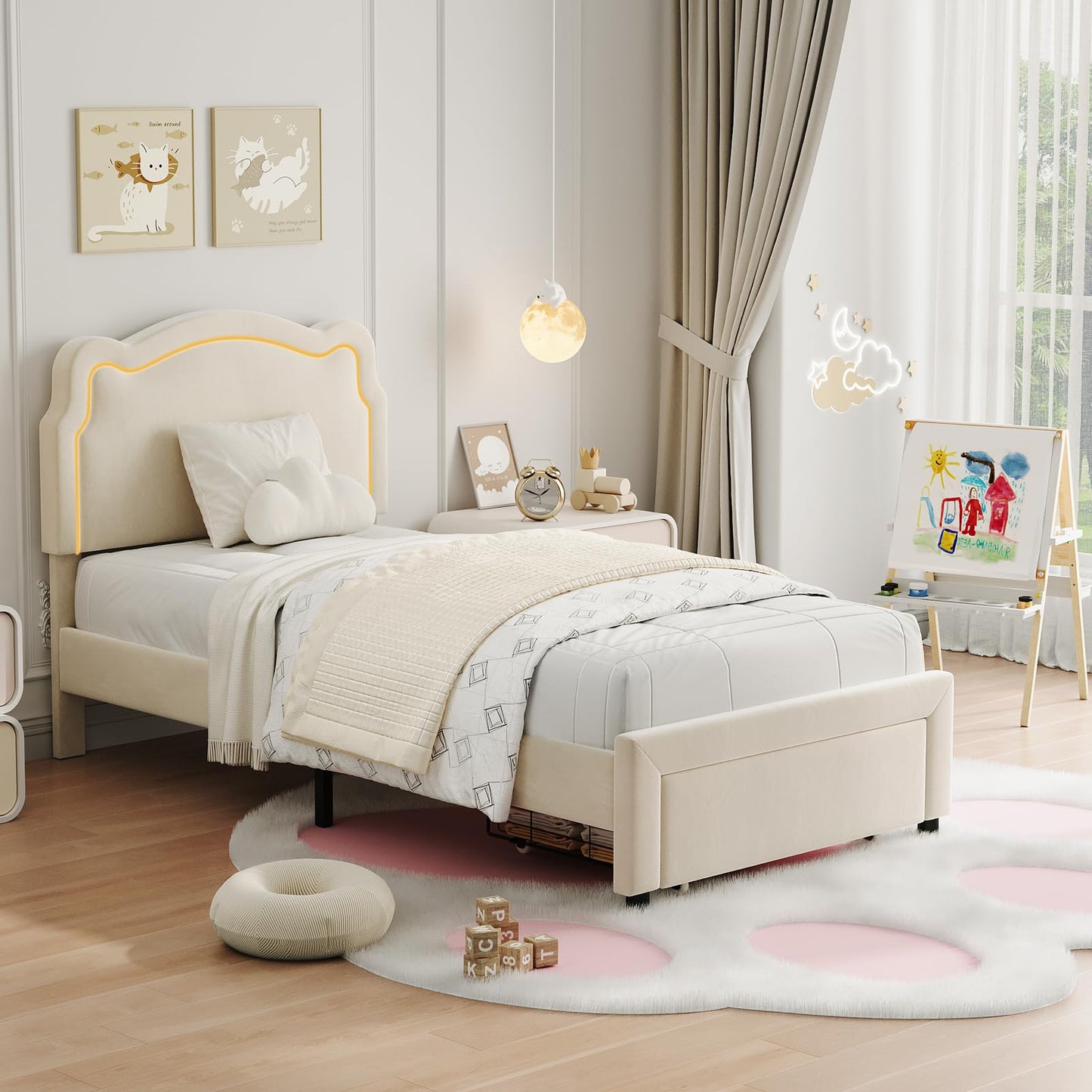 Garvee Twin Bed Frame with LED Upholstered Headboard and Storage Drawer, Kids Princess Velvet Platform Bed with Wooden Slats, No Box Spring Needed, Easy Assembly
