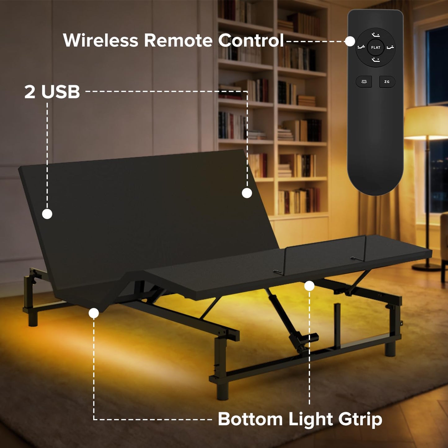 DNYN Queen Size Adjustable Bed Base Frame with USB Ports and Wireless Remote for Bedroom/Guest Room, Zero Gravity Bed with Head and Foot Incline, Space-Saving & No Box Spring Needed