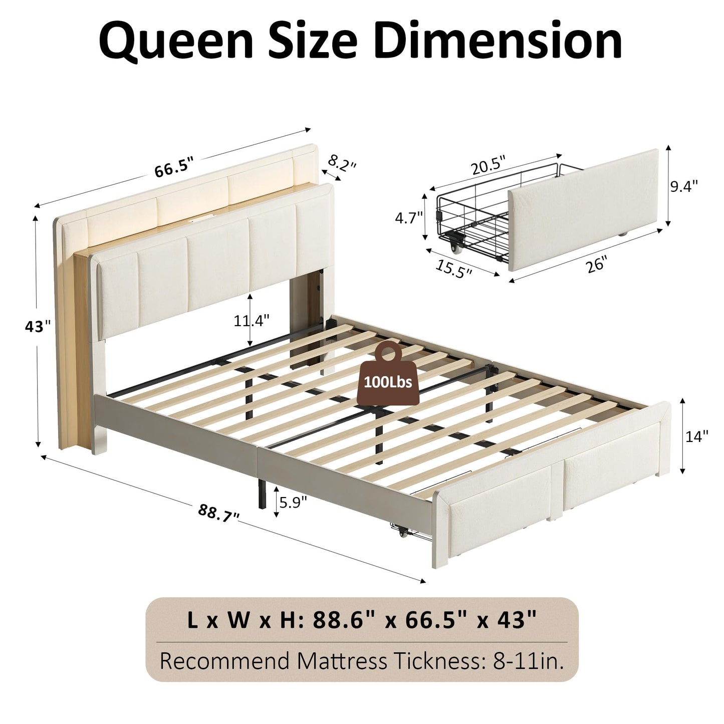 nesture. Queen Storage Bed Frame, Upholstered Platform Bed with 2 Drawers, Velvet Vertical Tufted Headboard with LED Lights & Charging Station, Wooden Slats Support, No Box Spring Needed, Off-White