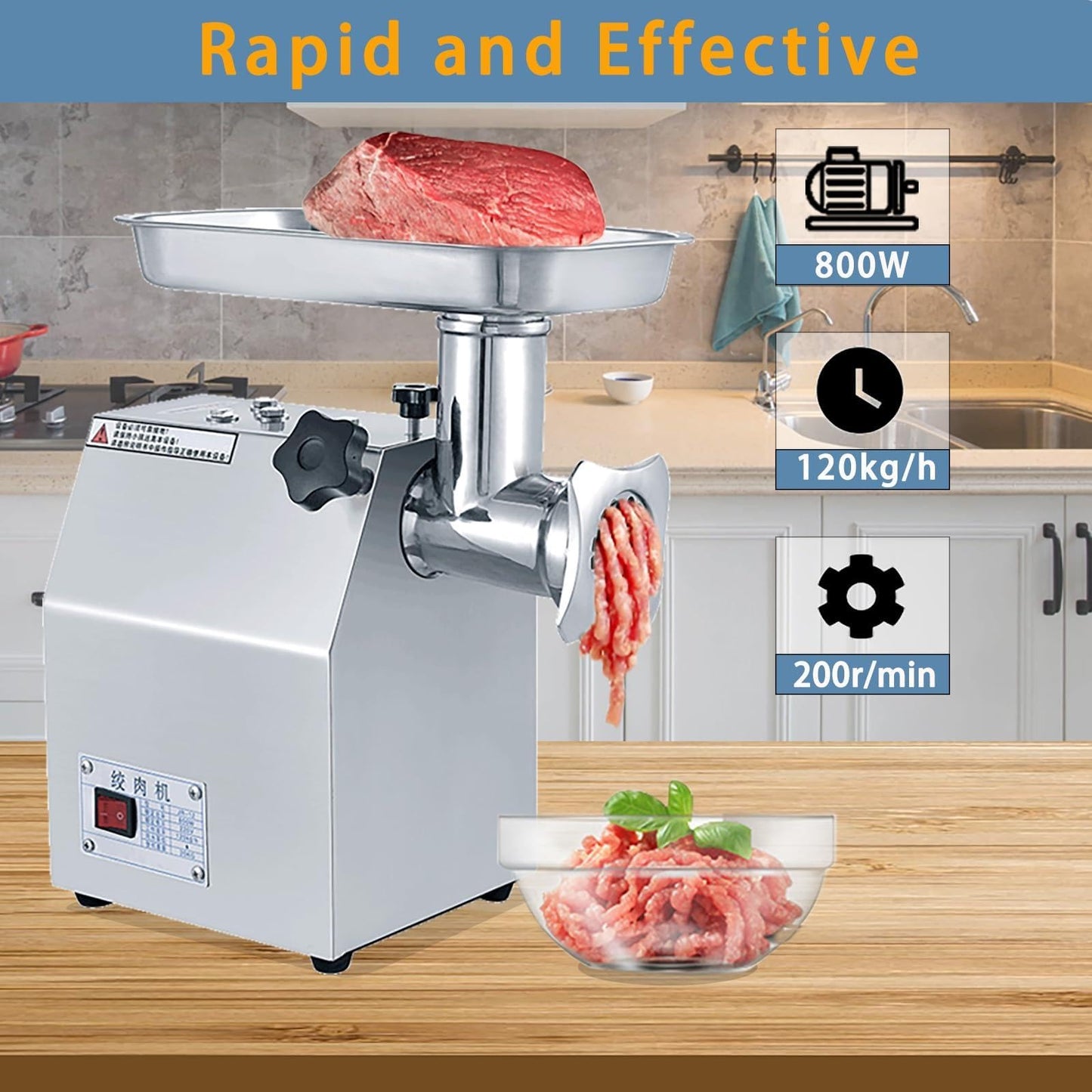 800W Commercial Electric Meat Grinder for Home and Restaurant, Heavy Duty Stainless Steel Mincer with Sausage Stuffer, 6mm/8mm Plates, Dual Blades, Food Processor for Meat, Poultry, Fish, Veg