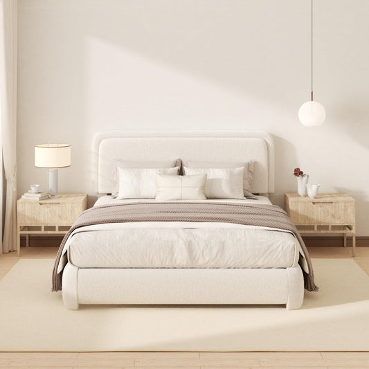 Vcooved Queen Boucle Platform Bed Frame with Height Adjustable Headboard, Modern Upholstered Cloud Bed, Sleek Curved Design, No Box Spring Needed, Noise Free, Easy Assembly, Beige