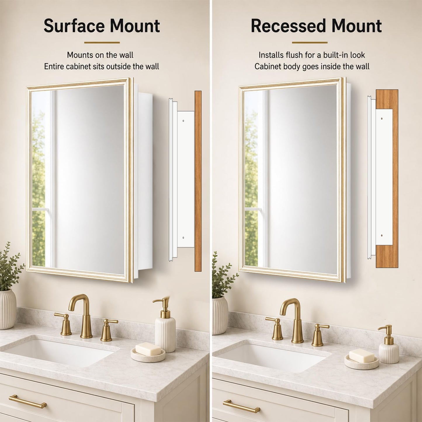 Fundin 24 x 30 White Metal Bathroom Wall Medicine Cabinet with Gold Beveled Frame Mirror, Recessed or Surface Mount,Mirror Cabinet with Adjustable Shelves